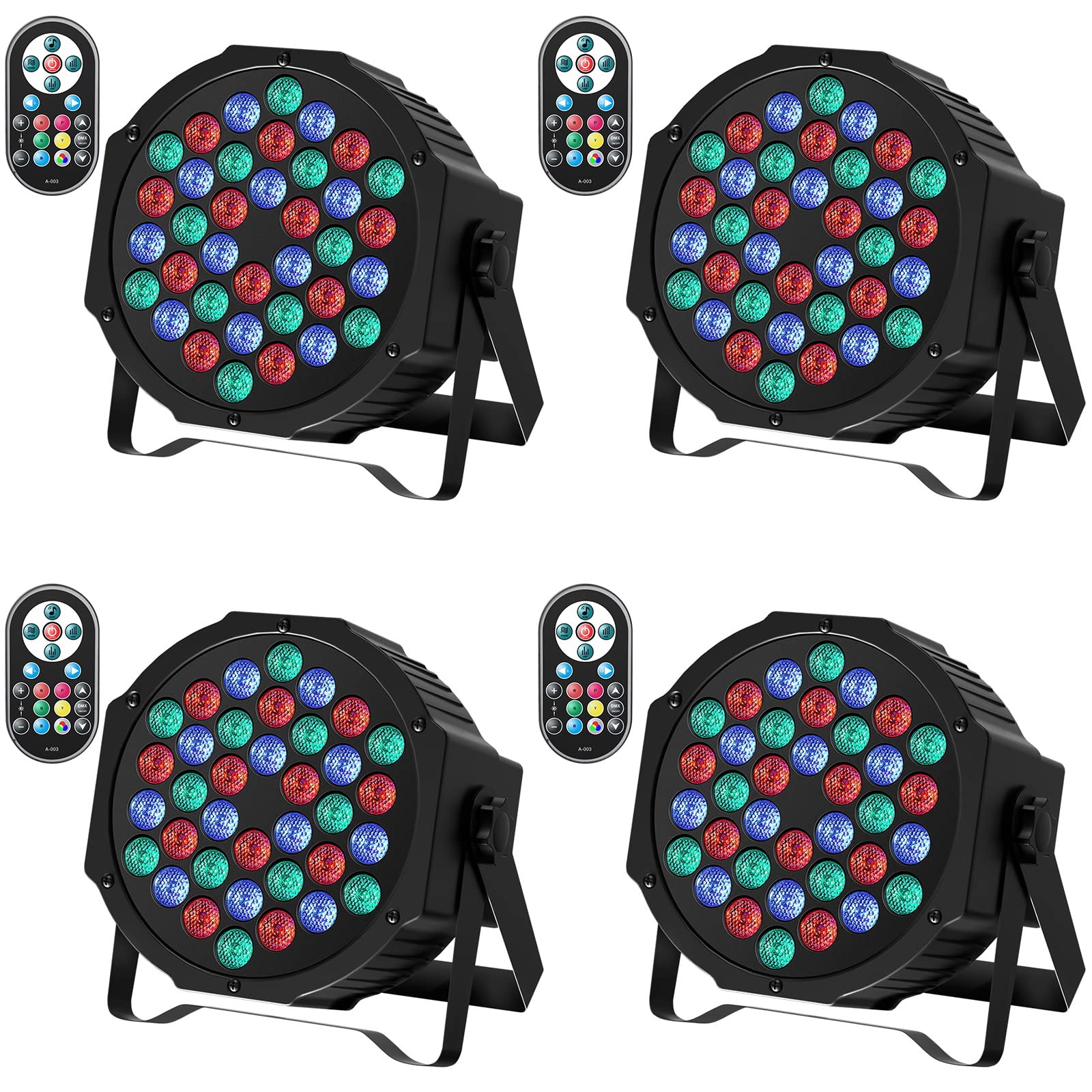 36 LED Par Lights RGB DJ Stage Lighting with Sound Activation & DMX Control - 7 Color Modes, Remote Included (4 Pack) for Wedding, Birthday Party, Christmas Events & Club Stage Uplighting