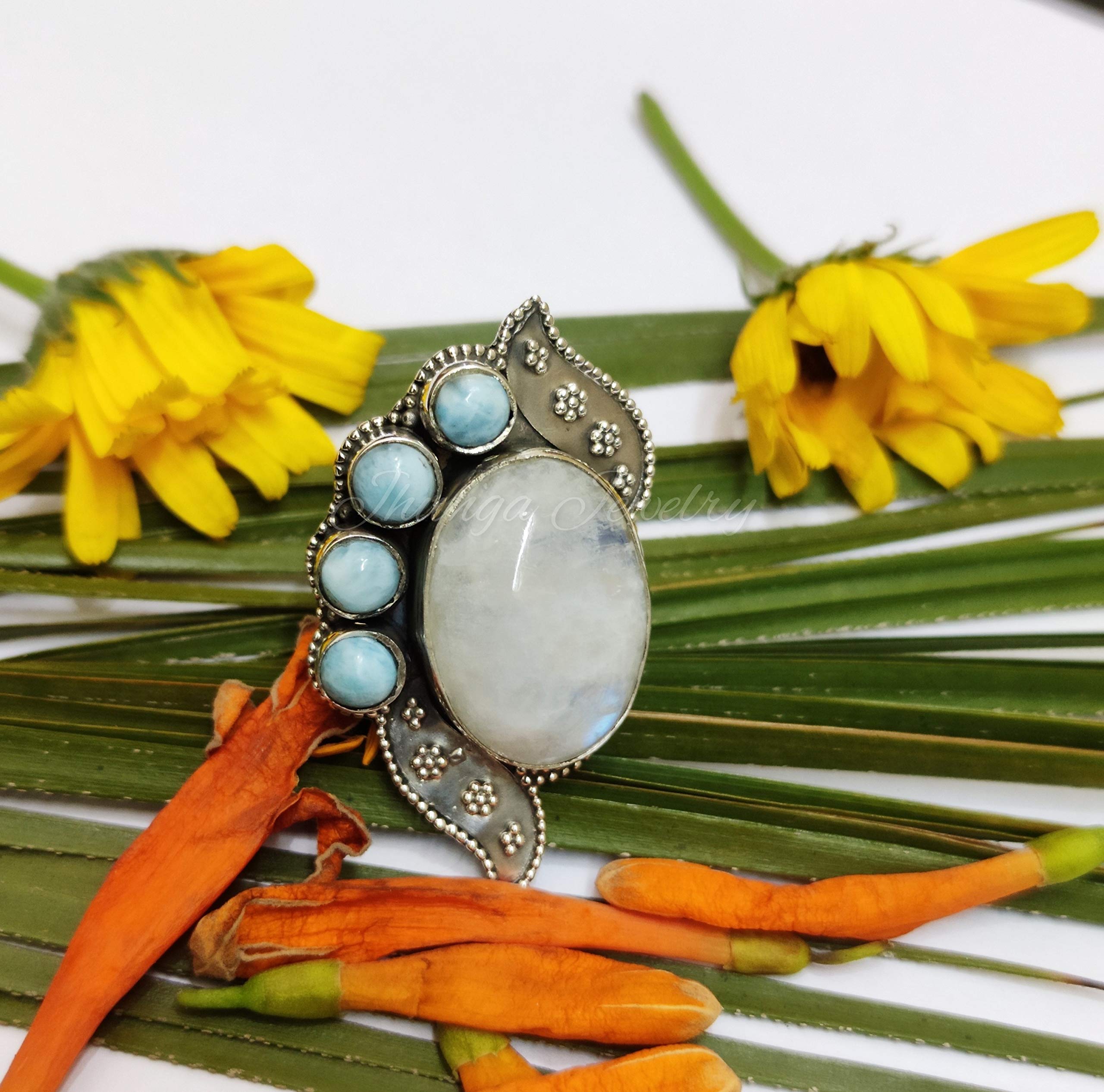 Natural Moonstone & Larimar Sterling Silver Ring - Antique Vintage Unique Jewelry - Five Stone Bohemian Statement Ring - Handmade Dominican Republic Larimar Jewelry - Perfect for Boho Chic Outfits, Beach Weddings & Spiritual Healing