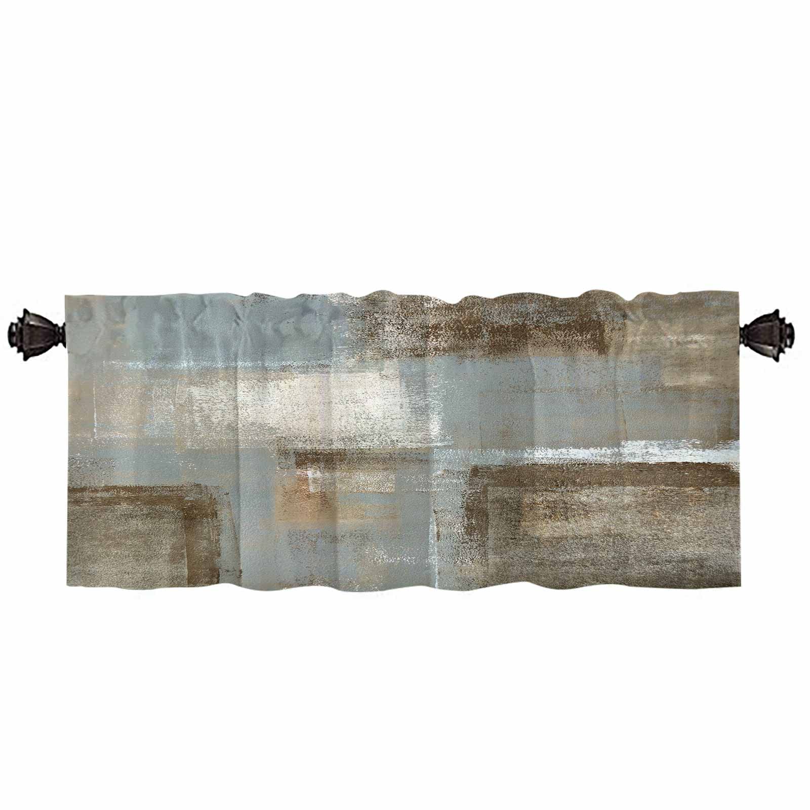 Brown Gray Kitchen Curtains and Valances Set - 3 Piece Modern Abstract Window Treatments for Kitchen & Living Room | Thermal Insulated Beige Drapes for Home Decor