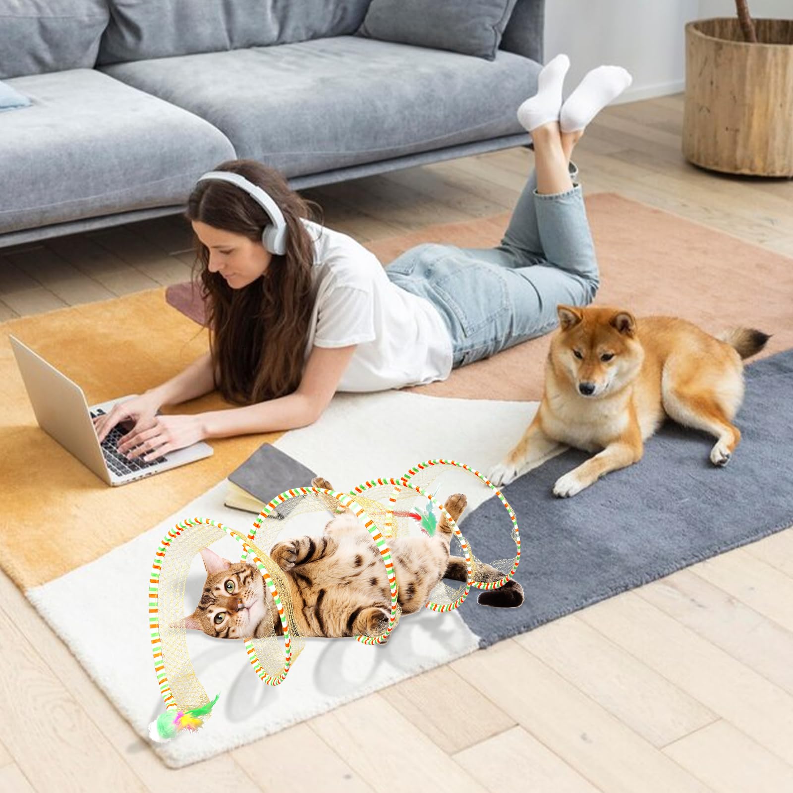 2 Packs Foldable Cat Tunnel for Indoor & Outdoor Play - Interactive Cat Toy Tunnel with Donut Design, Large Kitten Bed & Spring Toys for Stress Relief - Perfect for Playtime, Exercise & Relaxation