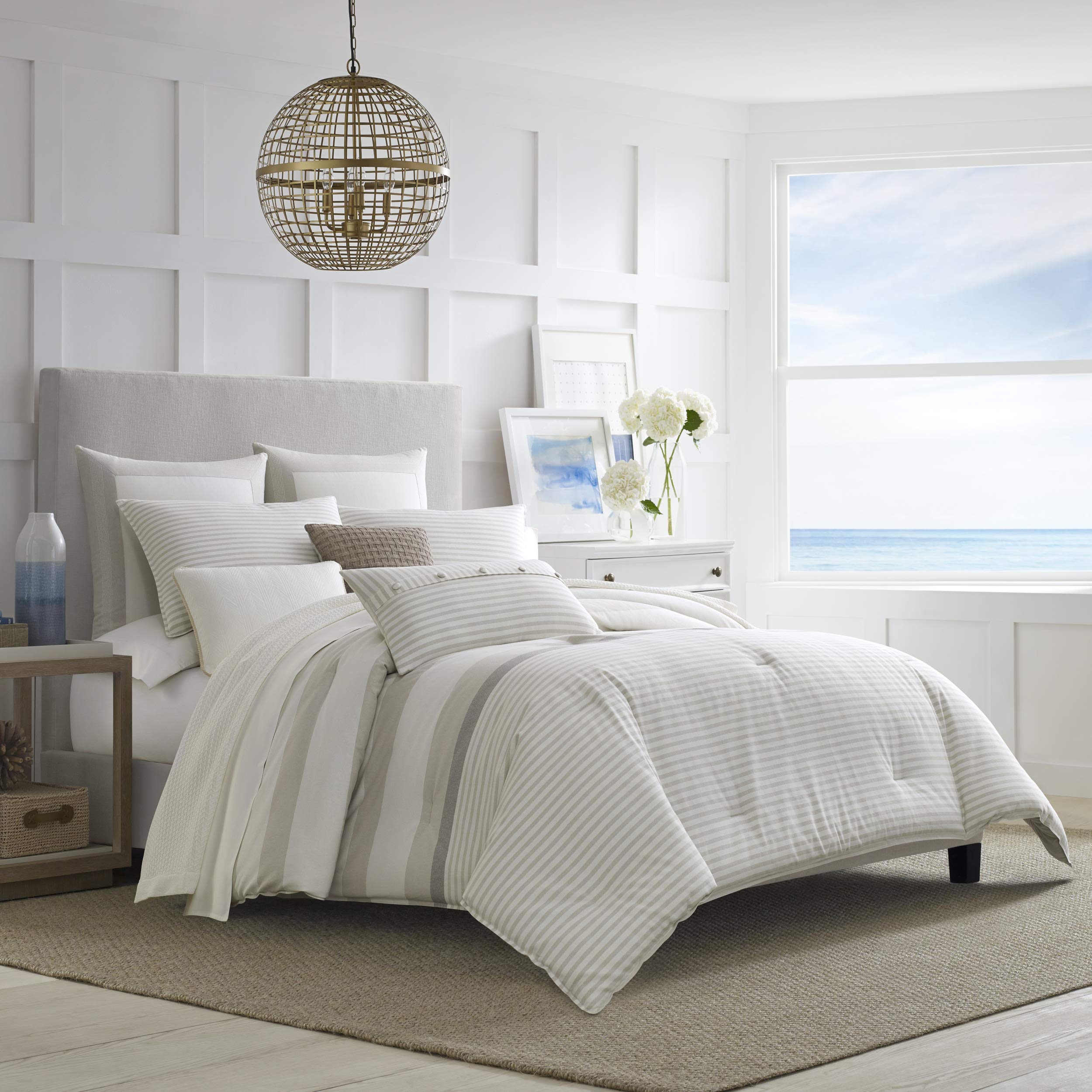Nautica Queen Comforter Set - 100% Cotton Reversible Bedding with Matching Shams | All-Season Luxury Bedding for Master Bedroom & Guest Room (Saybrook Beige, Queen Size)