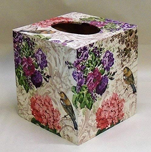 Handmade Decoupage Wooden Tissue Box Cover with Birds and Floral Design - Elegant Home Decor for Living Room, Bedroom, or Bathroom