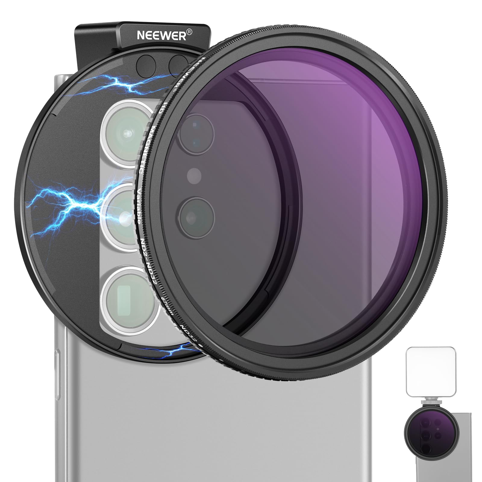 NEEWER 67mm Magnetic Variable ND2-ND32 Filter Kit for iPhone 15 Pro Max/14/13 & Galaxy S23/S22/S24 Ultra - Clip-On Phone Lens with Cold Shoe & Locking Knob - Perfect for Vlogging, Photography & Outdoor Shooting