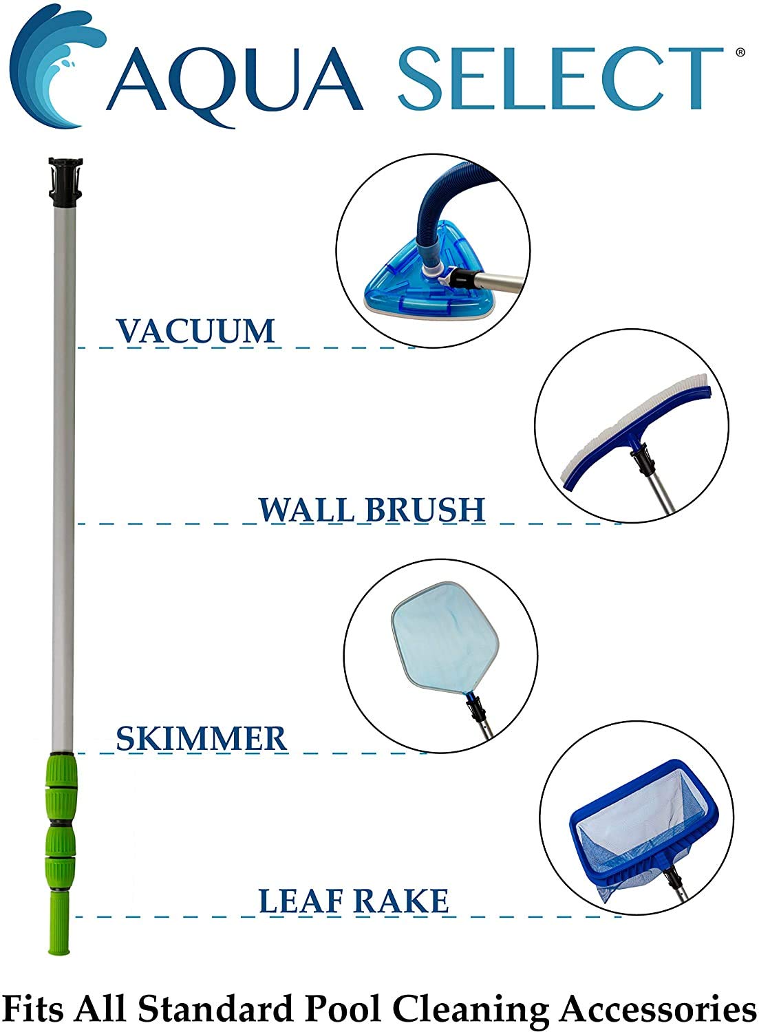 Aqua Select Pool Maintenance Kit - 7' to 21' Telescopic Pole, Pool Brush, Leaf Skimmer & Rake for Above Ground & Inground Pools | Complete Cleaning Set for Sparkling Water | Perfect for Weekly Pool Care & Seasonal Opening/Closing