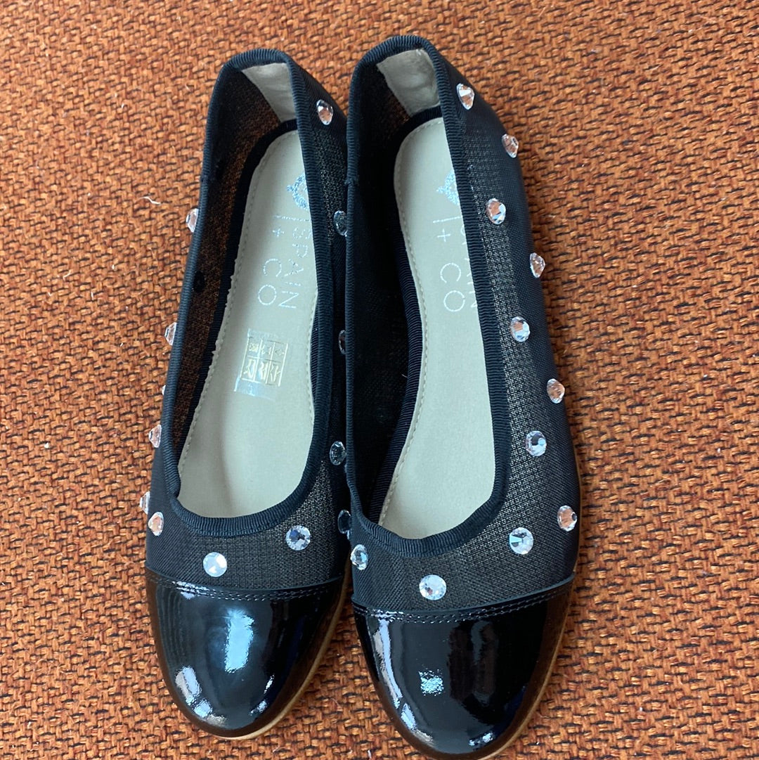 Spain+Co Women's Black Mesh Embellished Ballet Flats - Comfortable Dress Shoes for Work, Party & Special Occasions