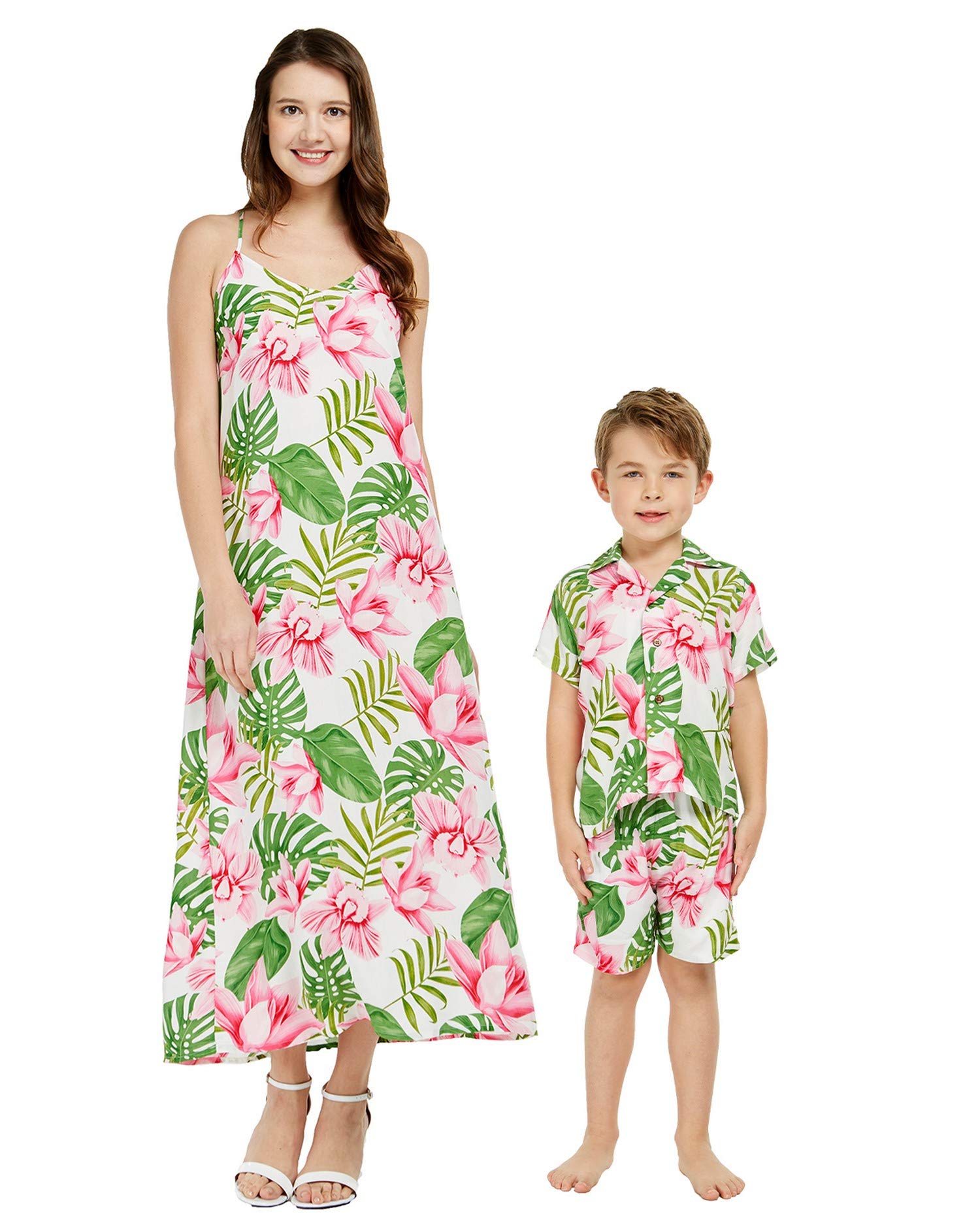 Matching Mother Son Hawaiian Luau Outfit - Tropical Floral Dress & Shirt Set in Wispy Cereus Black | Perfect for Family Beach Vacations, Luau Parties & Summer Photoshoots