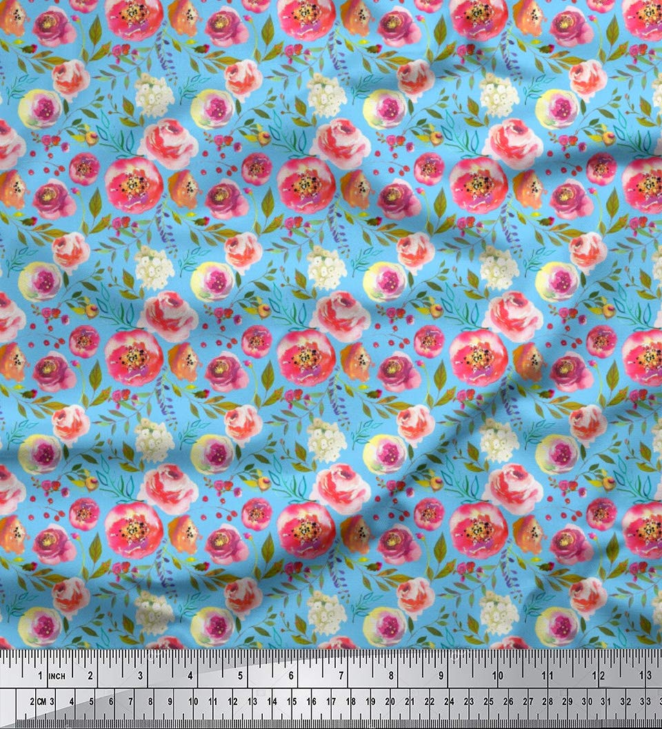 Soimoi Blue Rayon Fabric with Watercolor Flower & Leaves Print - 42 Inch Wide Sewing Fabric for Dresses, Skirts & DIY Crafts