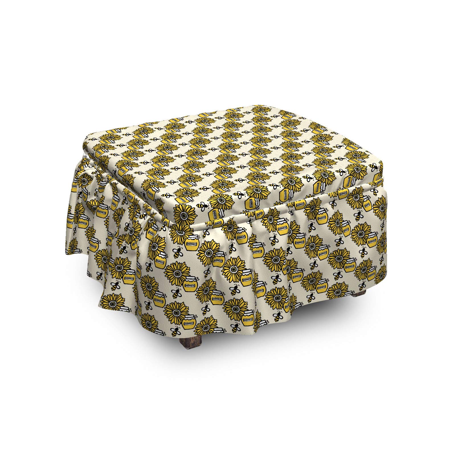 Ambesonne Queen Bee Ottoman Cover Set - 2 Piece Slipcover with Ruffle Skirt for Square/Round Footstools, Honey Jar & Sunflower Pattern in Mustard Taupe - Home Decor Accent for Living Room, Bedroom, Nursery