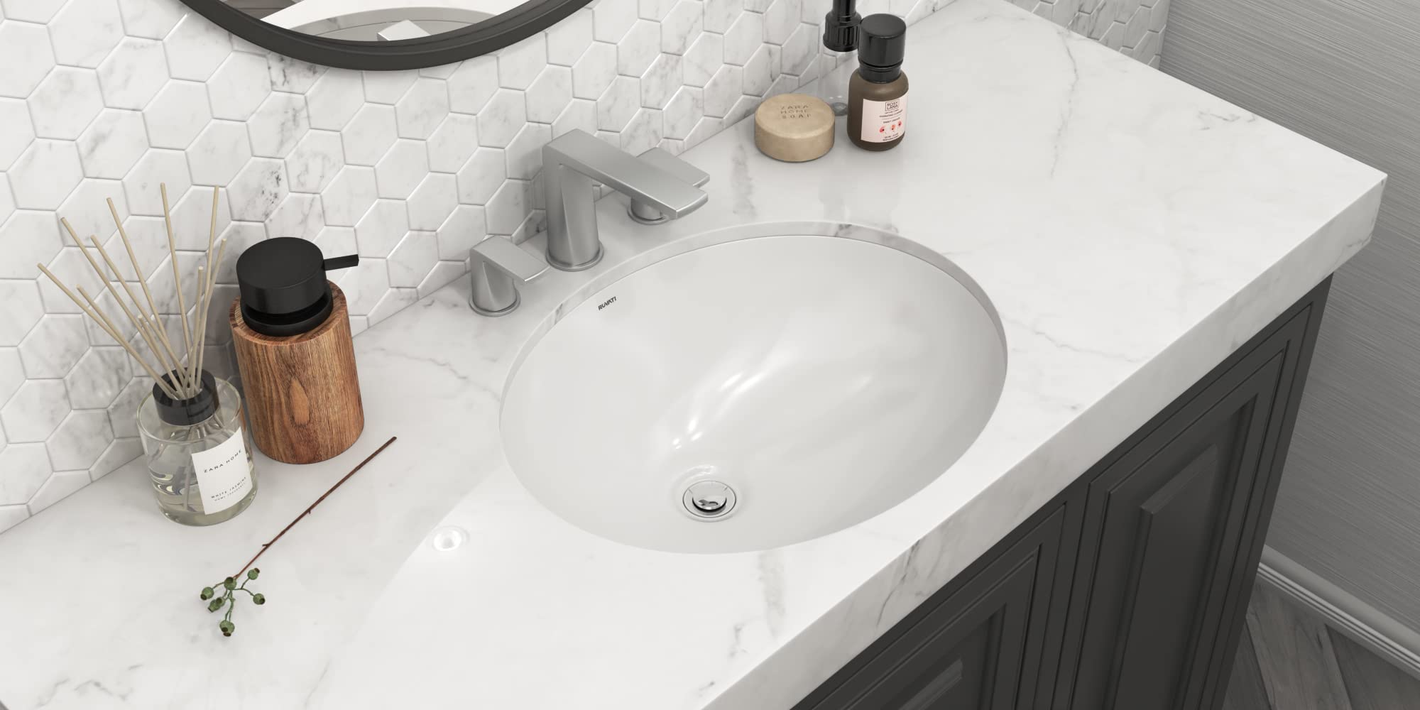 Ruvati 19 x 16 Inch White Oval Ceramic Undermount Bathroom Sink with Overflow - Porcelain Vanity Basin for Bathroom & RV (RVB0619) - Perfect for Modern Home, Guest Bath, and Tiny House Renovations