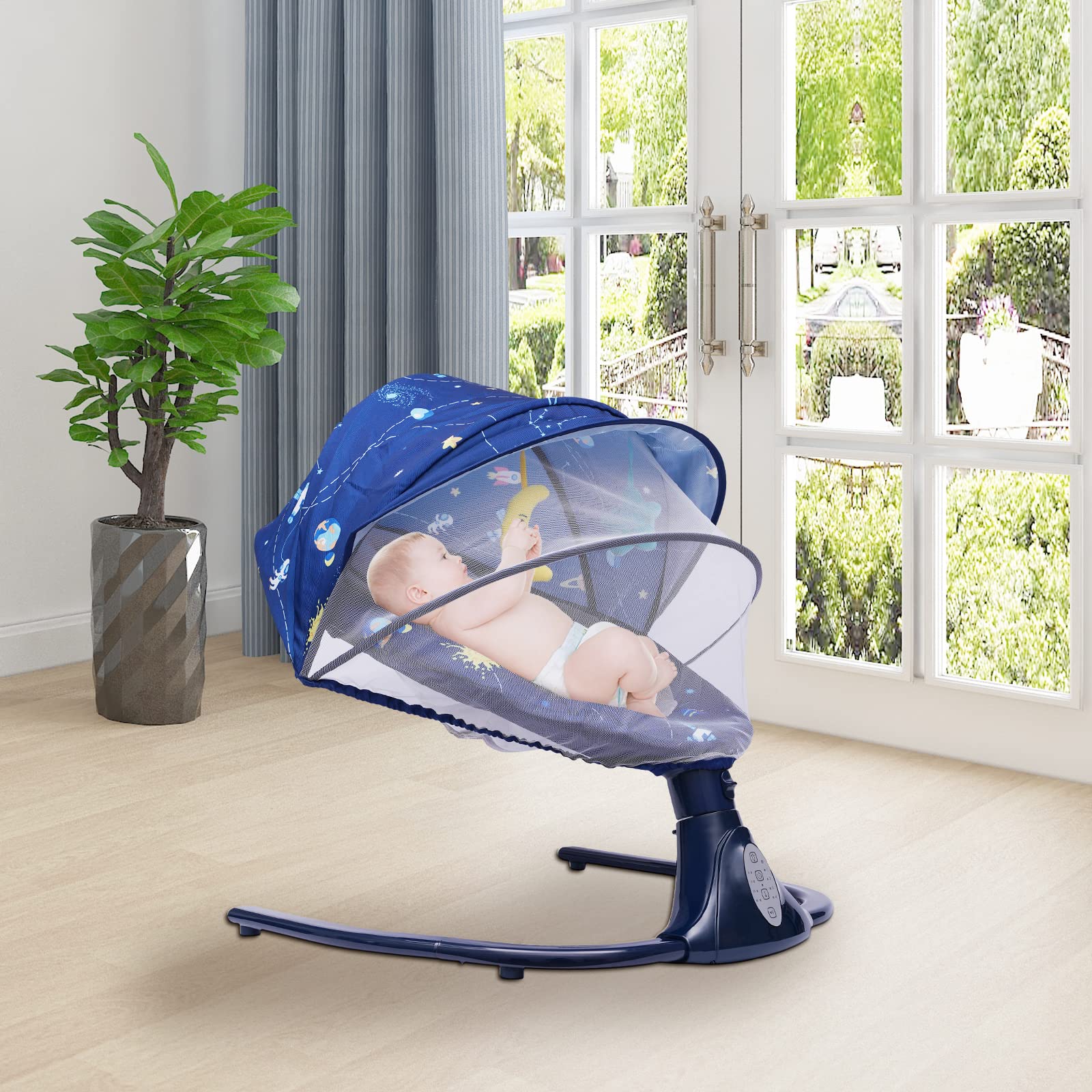 Electric Baby Swing for Infants & Newborns - Remote Control, 4 Speed Settings, Soothing Music & Speaker - Blue Starry Style Baby Rocker & Bouncer - Perfect for Nursery, Bedroom & Travel