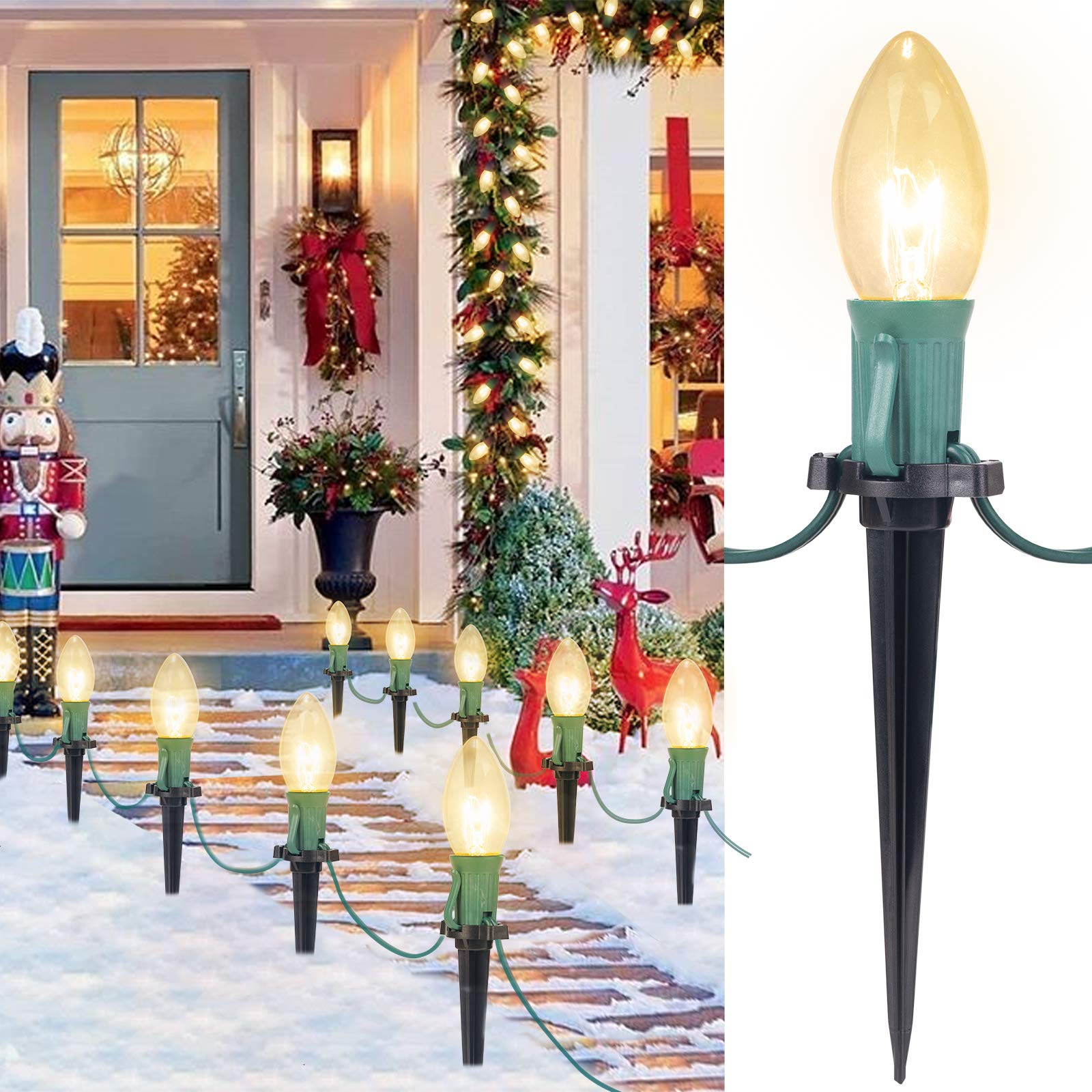 C9 Christmas Pathway String Lights - 25.7 Feet Outdoor Waterproof LED Walkway Lights with 20 Clear Bulbs & 20 Stakes, UL Listed Warm White - Perfect for Driveway, Garden, Patio, and Holiday Decorations
