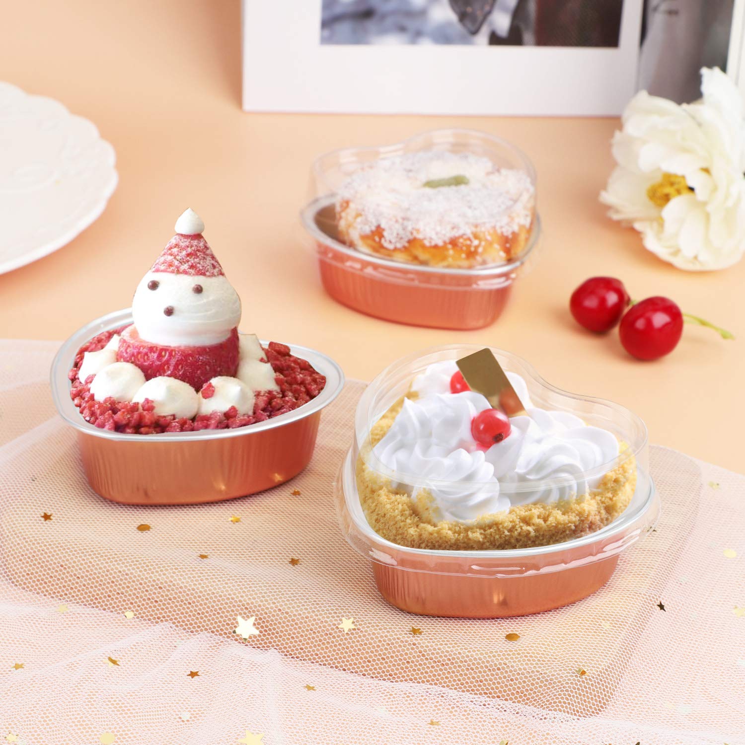 EUSOAR Mini Heart Shaped Cake Pans - 50pcs 3.4oz Aluminum Foil Baking Cups with Lids for Cupcakes, Flan, Cheesecake & Custard | Perfect for Valentine's Day, Weddings, Birthday Parties & Home Baking