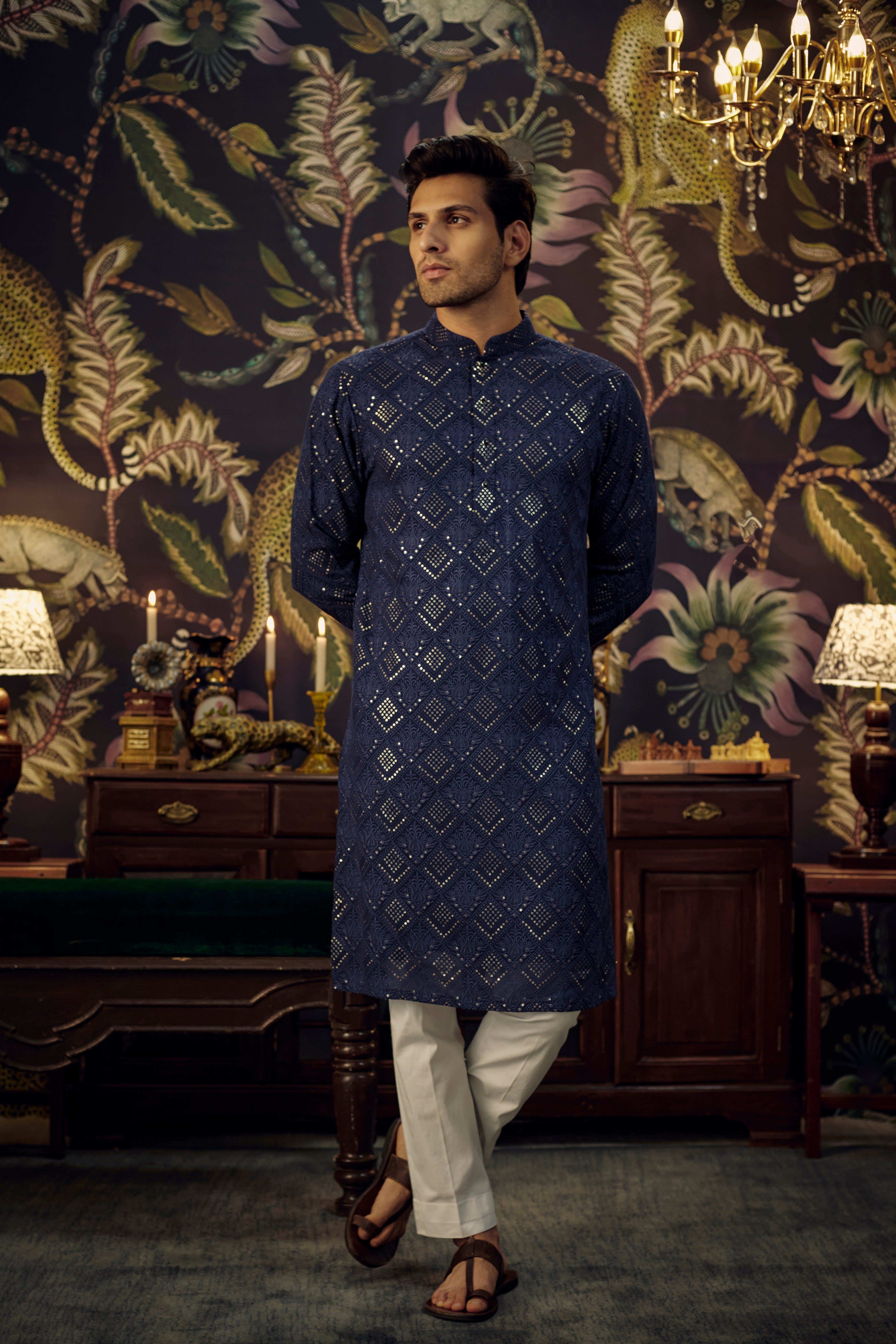 Elegant Navy Blue Chikankari Kurta for Women - Traditional Indian Embroidered Tunic Top - Perfect for Festivals, Weddings & Casual Wear