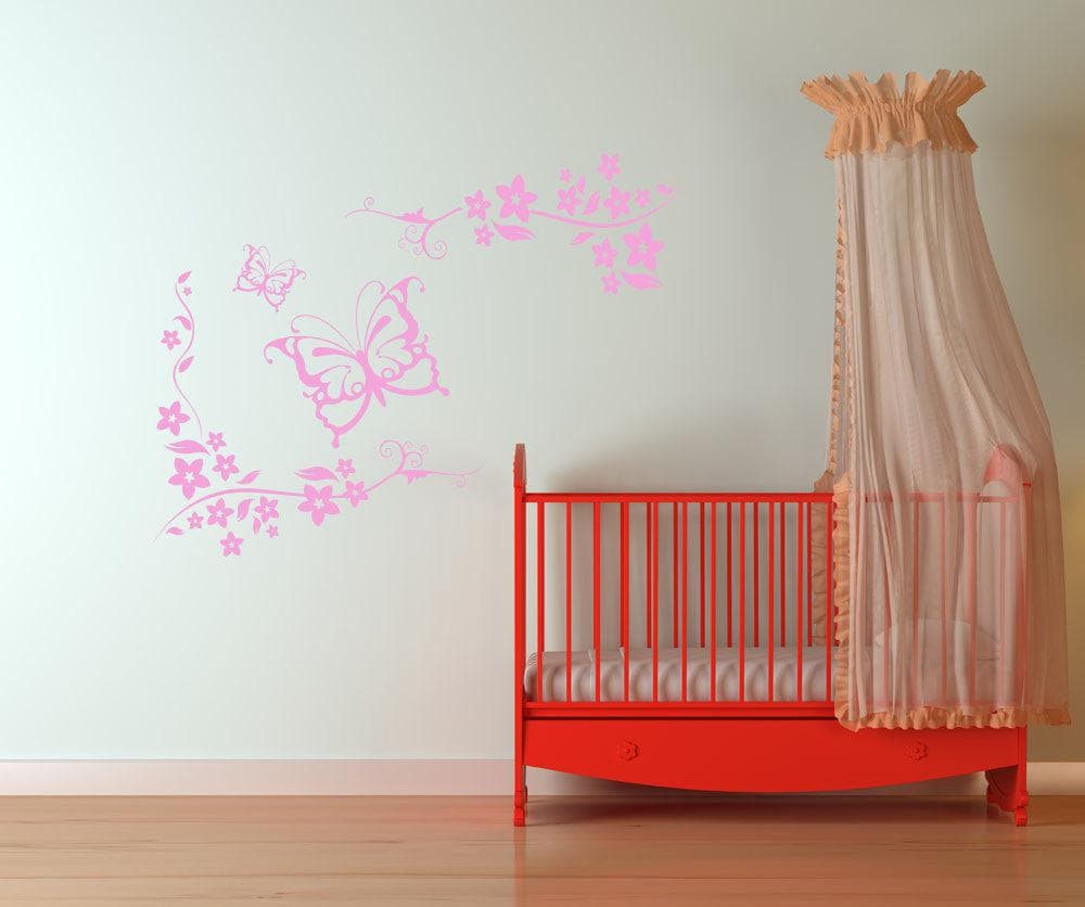 Vinyl Wall Decal Sticker - Butterflies and Floral Vines Design #1118 | Removable Home Decor for Bedroom, Nursery, Living Room