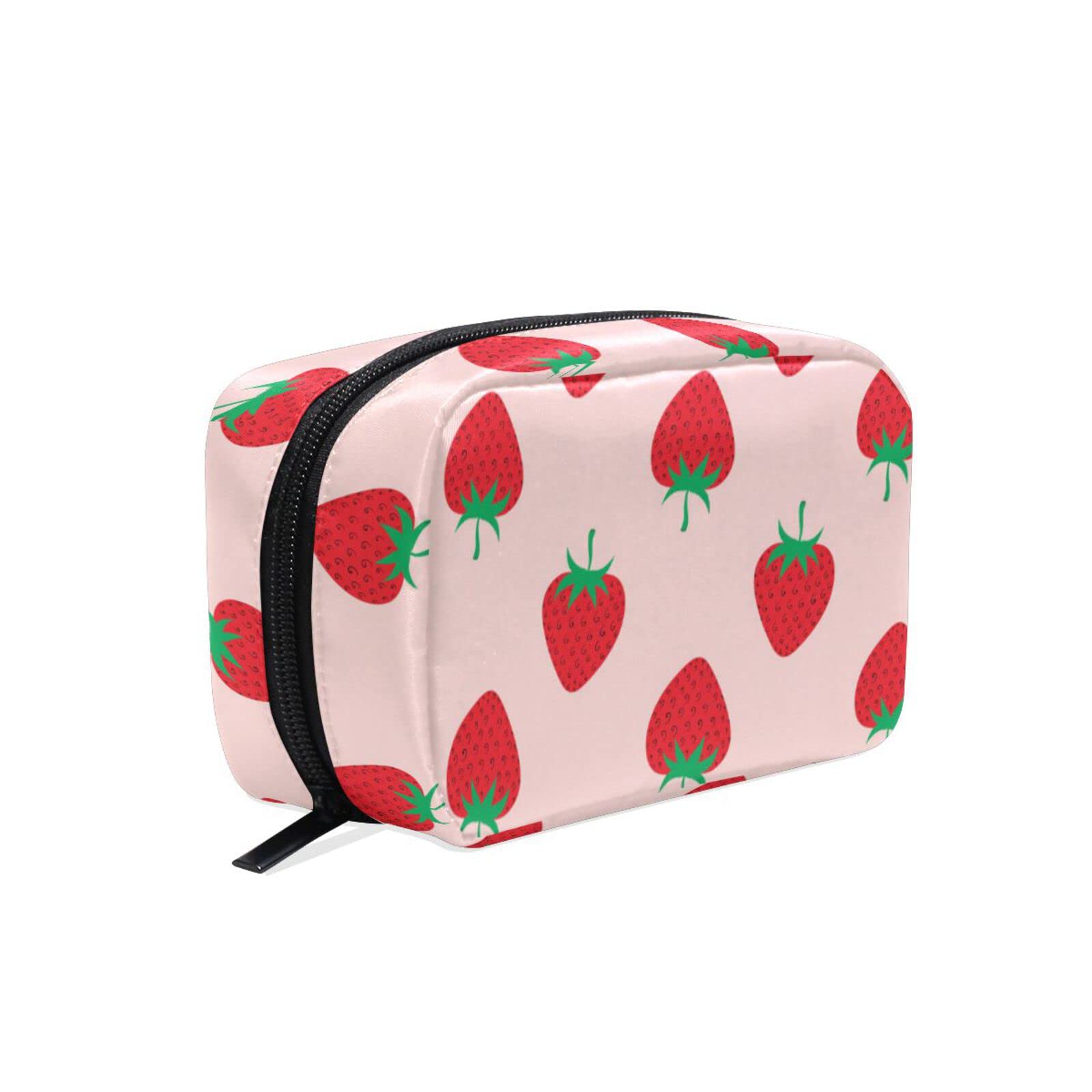 Strawberry Print Square Makeup Bag - Portable Travel Cosmetic & Toiletry Organizer with Black Zipper for Women | Perfect for Travel, Gym, and Daily Essentials Storage