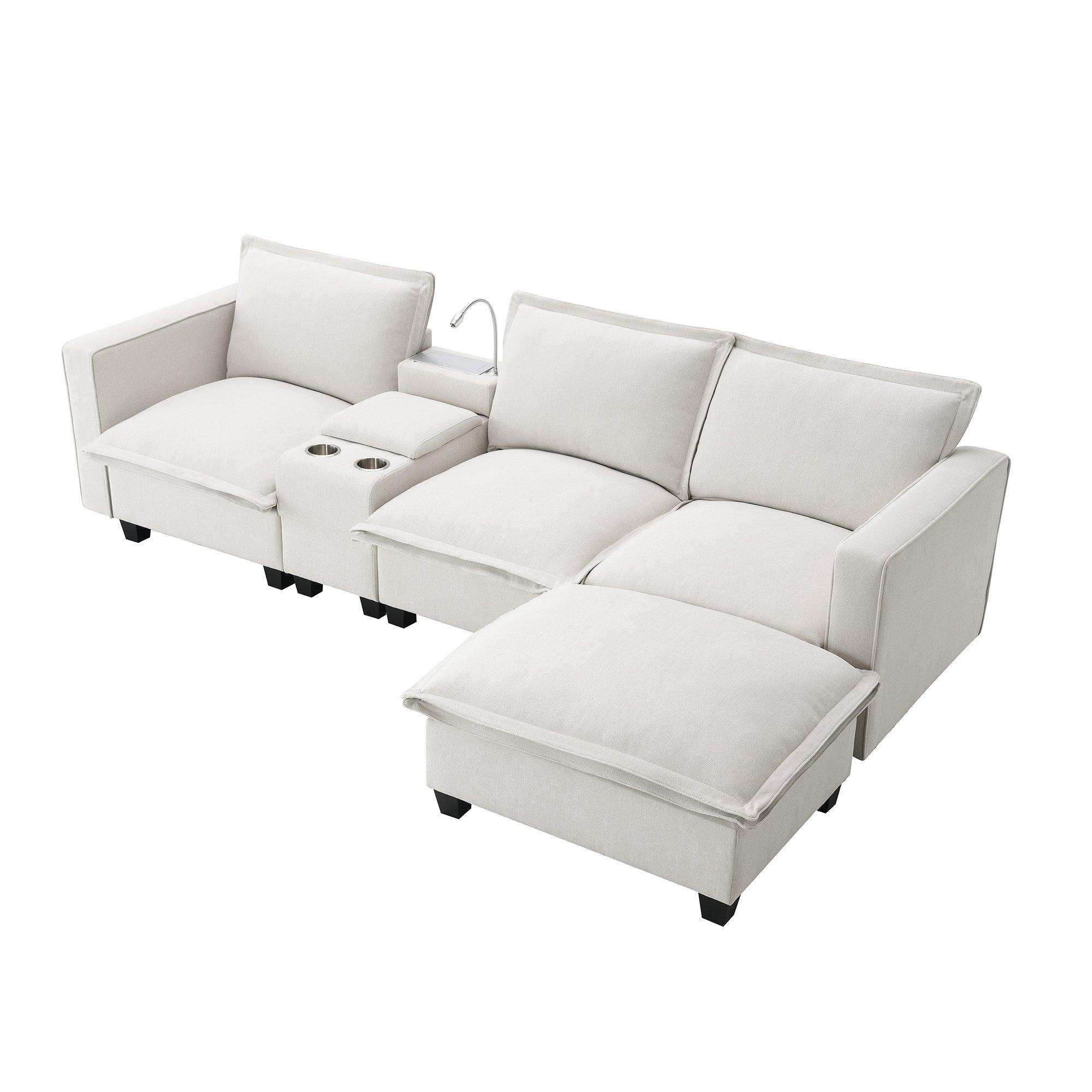 Modern 4-Seat Chenille Modular Sectional Sofa with Console, USB Charging Port, Reading Light & Cup Holders - Cloud Couch for Living Room, Apartment (2 Colors) | Perfect for Family Gatherings, Movie Nights & Small Space Living