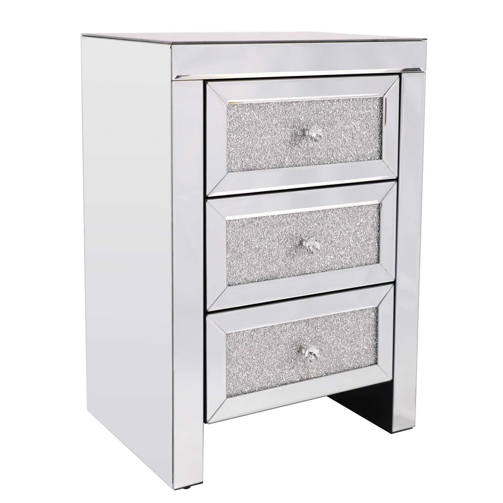Crystal Diamond Mirror Nightstand with 3 Drawers - Silver Bedside Table for Bedroom & Living Room Storage