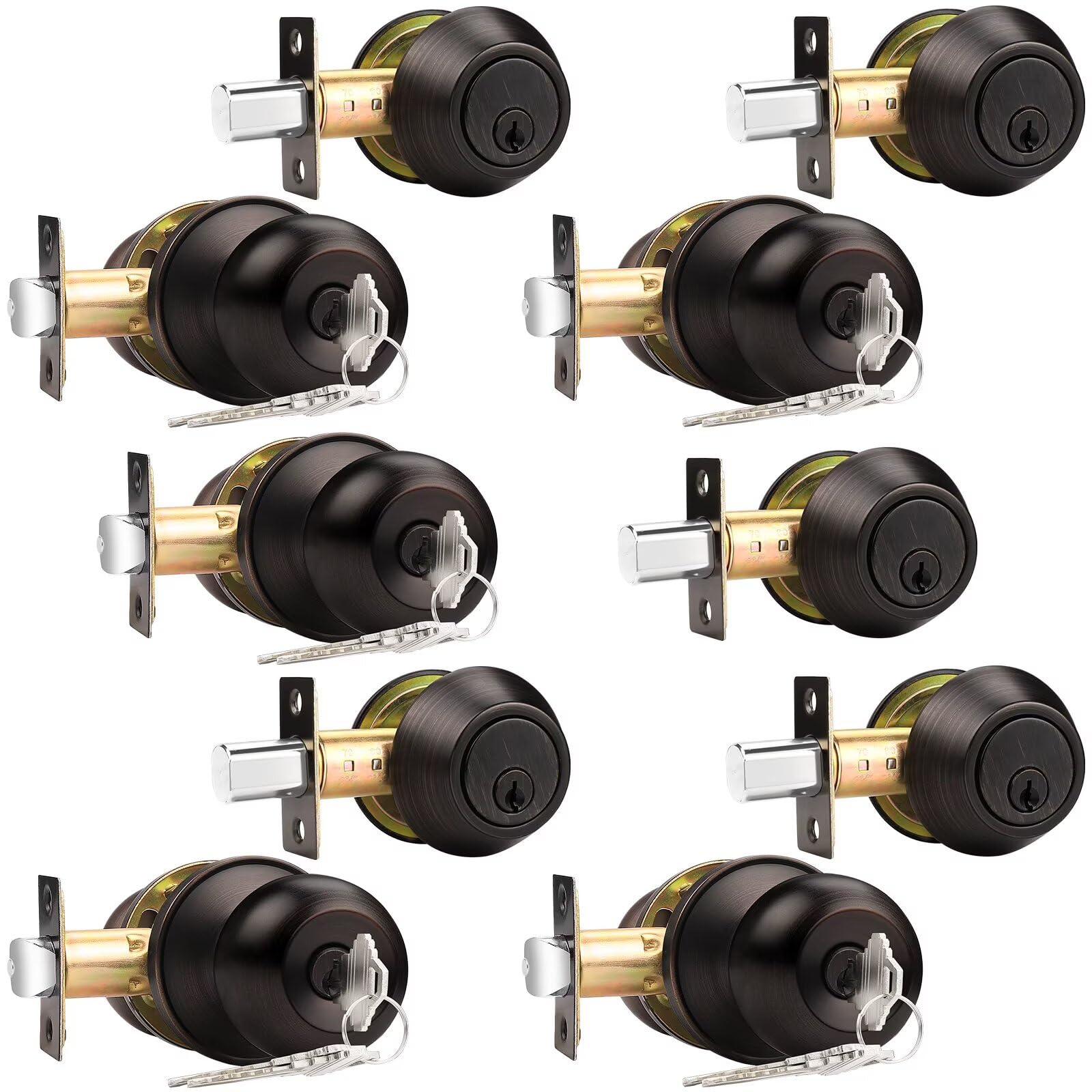 Probrico 5-Pack Oil Rubbed Bronze Door Knob & Deadbolt Sets - Keyed Alike Entry Handlesets for Front Doors, Interior & Exterior Use | Durable Hardware for Homes, Offices & Contractors | Secure Your Main Entrance & Interior Spaces