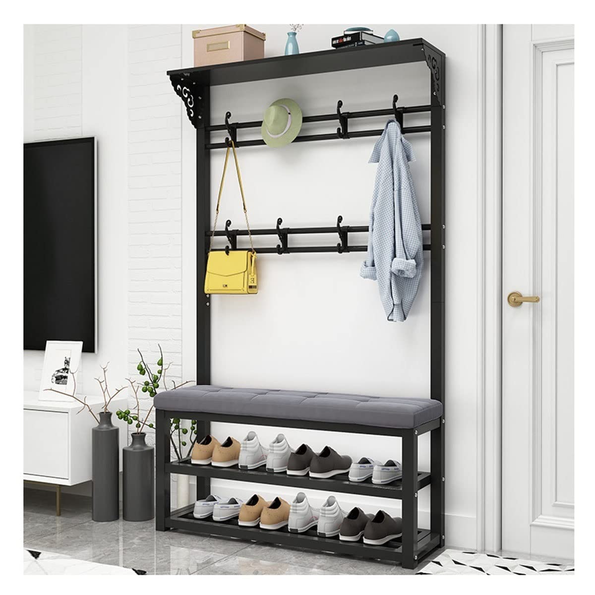 LLLD 3-in-1 Entryway Storage Organizer - Coat Rack, Shoe Bench & Hall Tree with 2-Tier Seating, 2 Rows Hooks & Shoe Storage | Perfect for Bedroom, Hallway & Living Room Organization | Space-Saving Entryway Furniture for Small Homes & Apartments