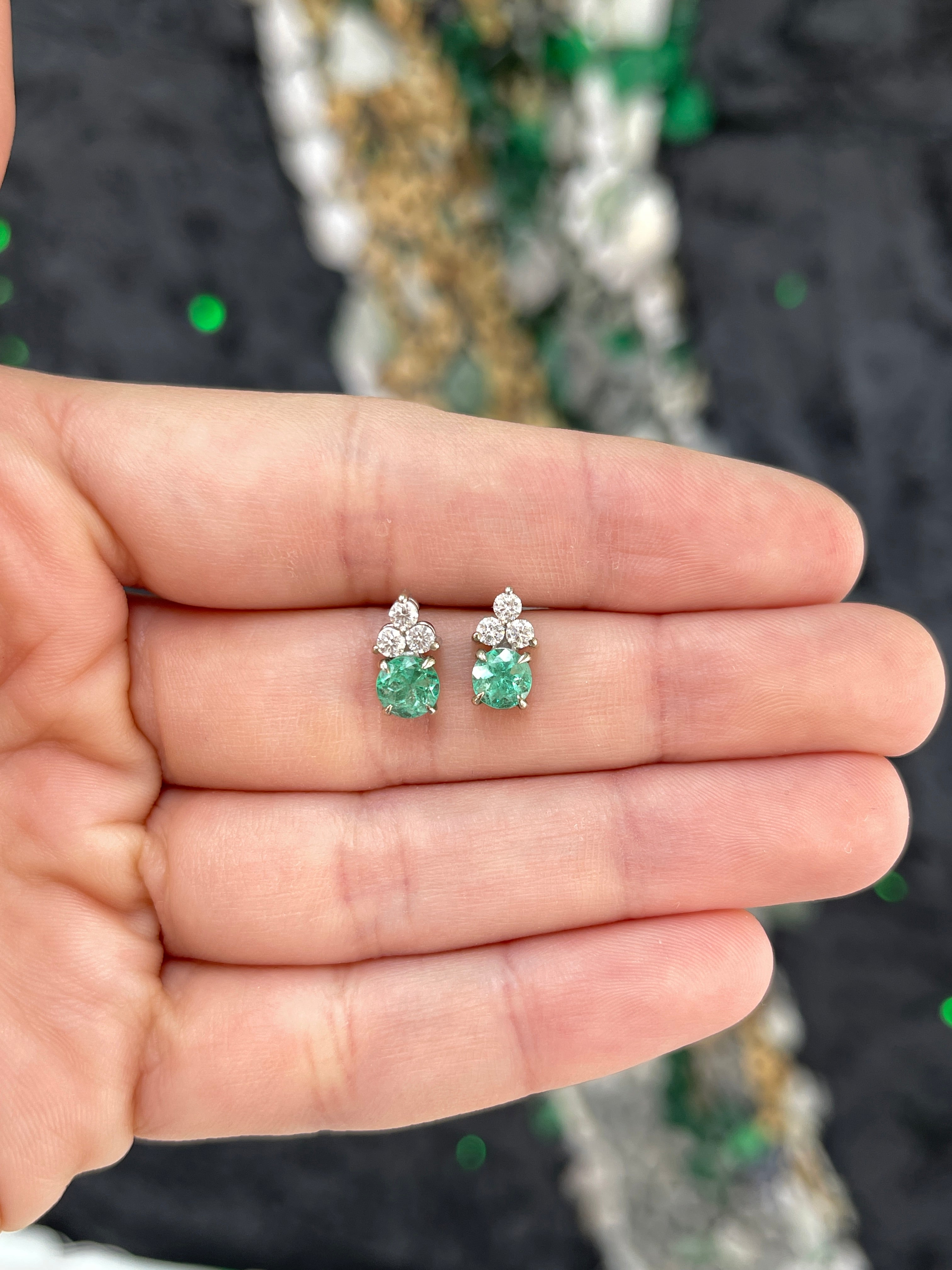 14K White Gold Colombian Emerald & Diamond Trio Stud Earrings | Natural Green Gemstone Jewelry for Women | Perfect for Weddings, Anniversaries & Special Occasions