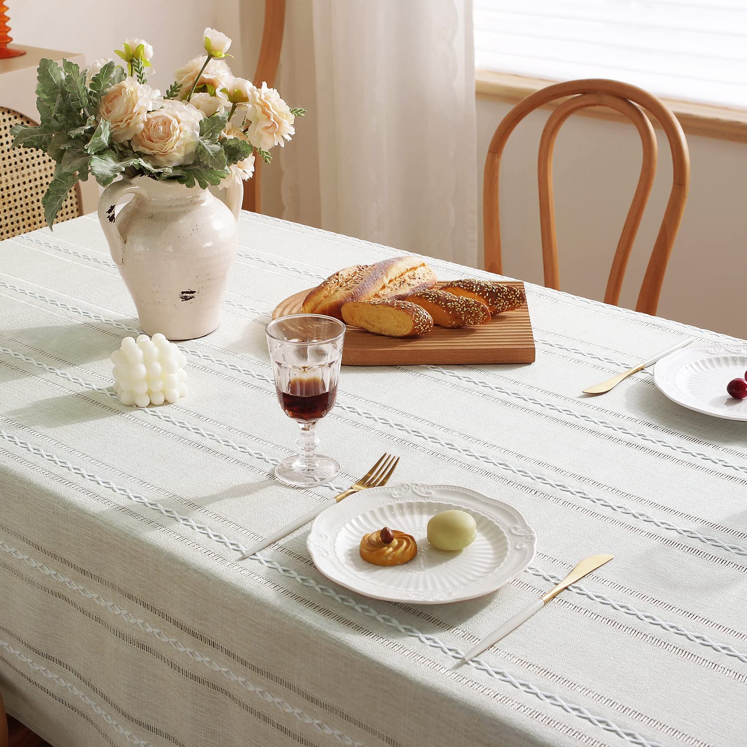 Farmhouse Style Linen Tablecloth 54x72 Inches - Wrinkle Resistant, Washable Dining Table Cover for Small Rectangle Tables | Hemstitch Ivory Design | Perfect for Dinner Parties, Holiday Gatherings & Everyday Dining
