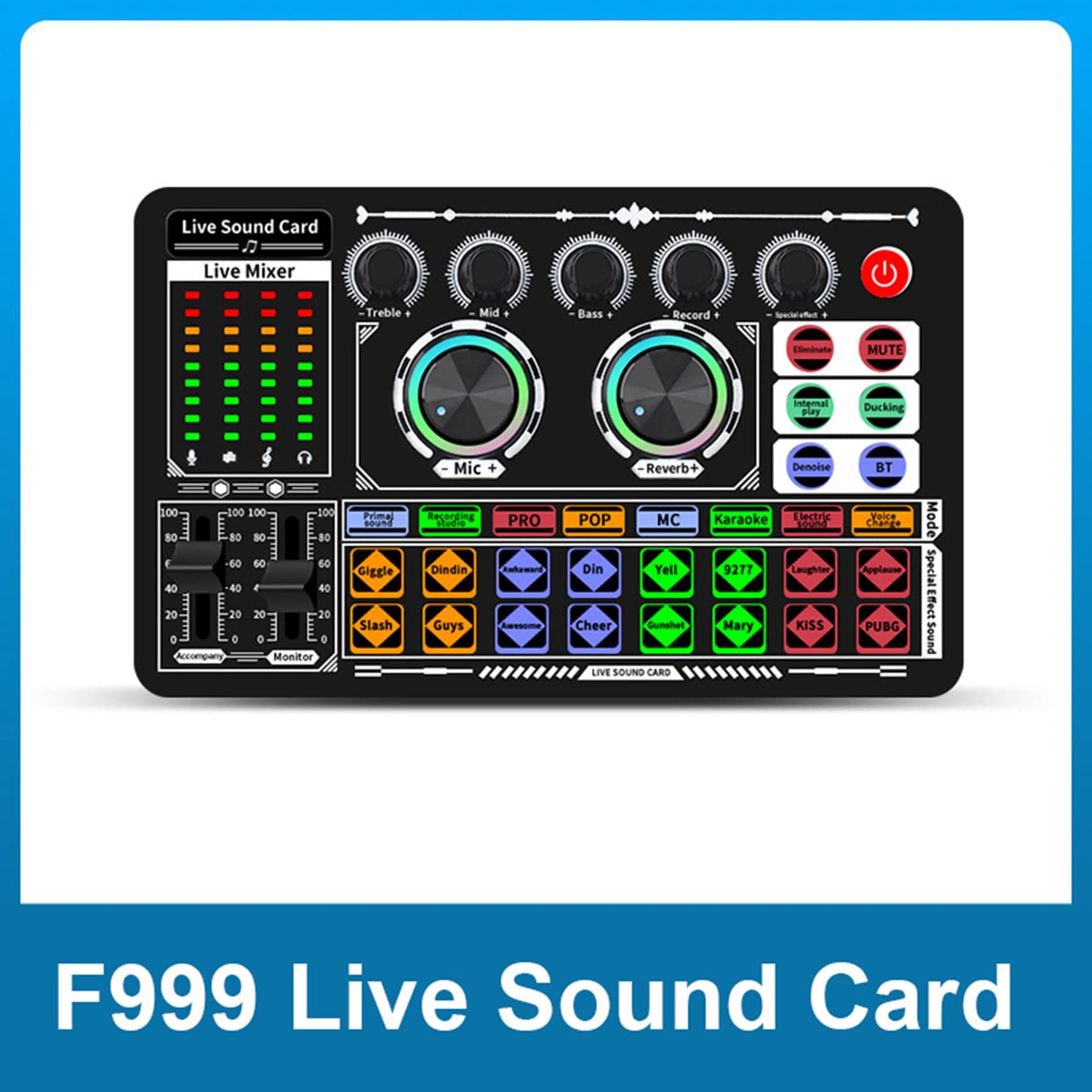 Leihao F999 Professional Audio Mixer & Sound Card - Voice Changer, USB Mixing Console with Amplifier for PC, Phone, Computer (Perfect for Live Streaming, Podcasting & Karaoke)
