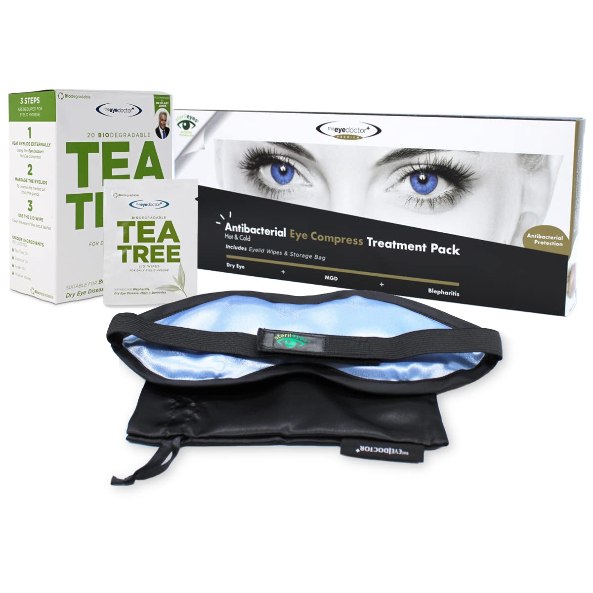 Premium Hot & Cold Eye Compress Mask with 20 Tea Tree Eyelid Wipes - Reusable Microwaveable Therapy for Dry Eyes, Blepharitis & MGD Relief - Doctor Recommended Eye Care Kit for Home & Travel Use