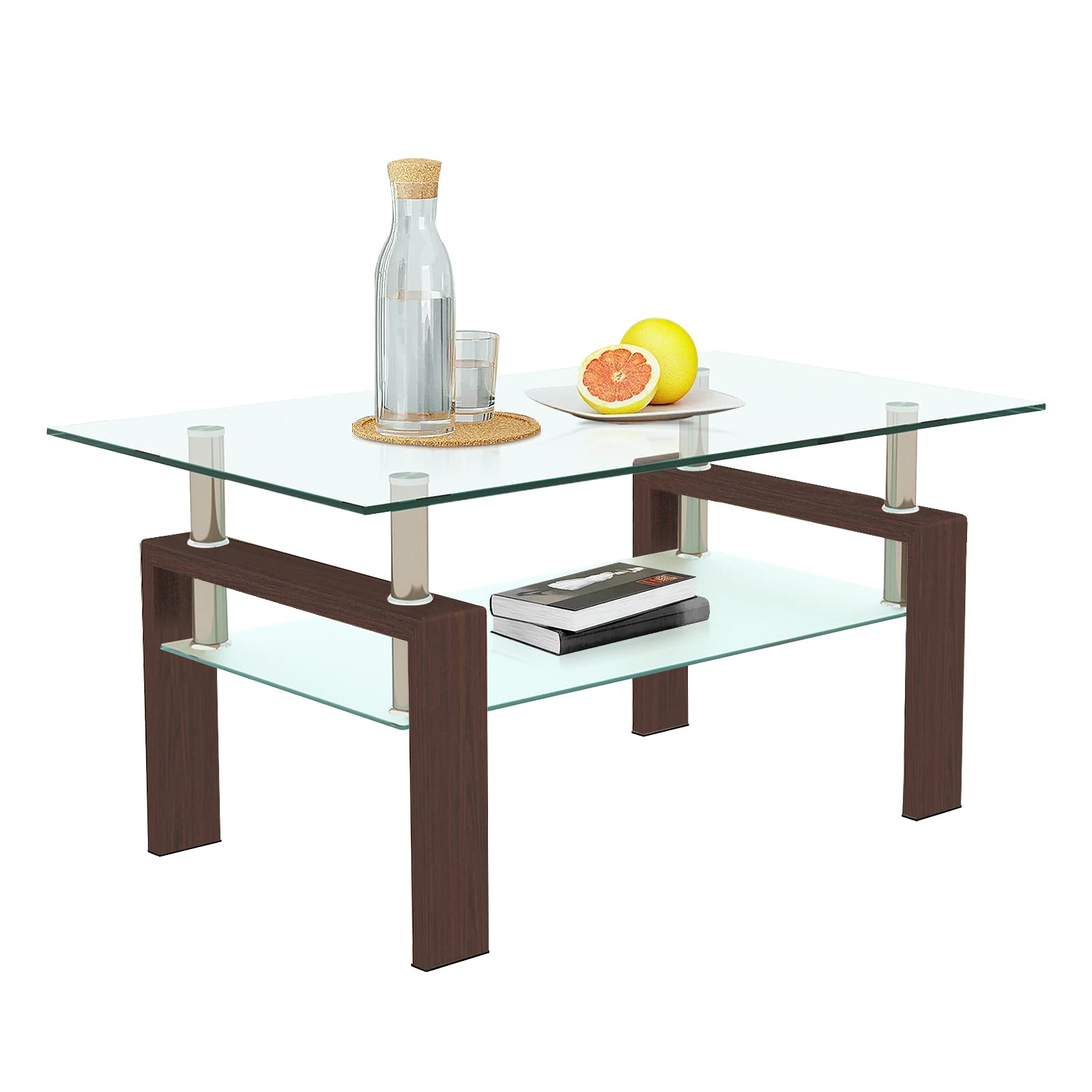 Modern Clear Glass Coffee Table with Metal Tube Legs & Lower Shelf - 2-Tier Rectangle Center Table for Living Room, Waiting Area - Durable Walnut Finish (Perfect for Small Spaces & Contemporary Decor)