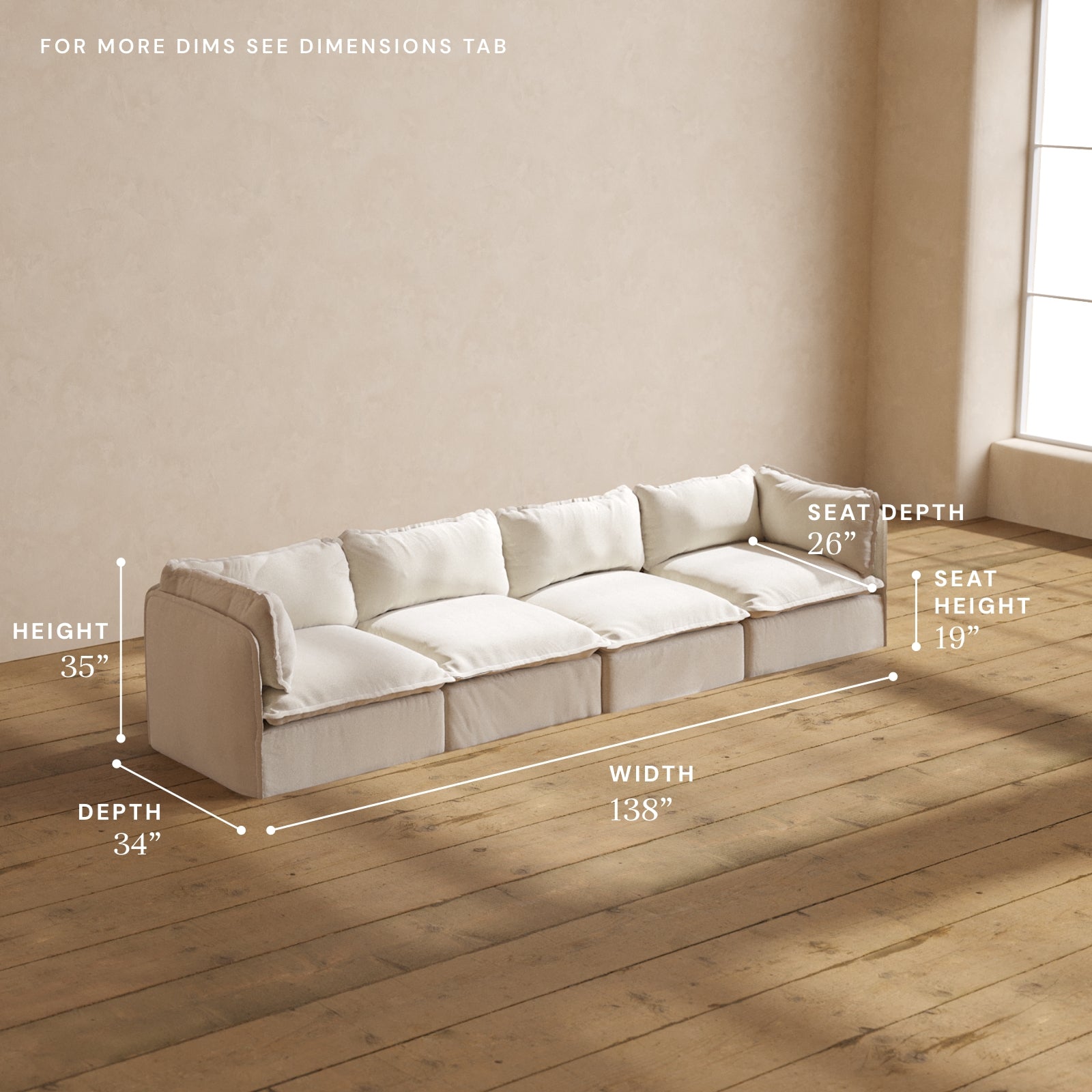 Modular Performance 4-Seater Sofa in Flour Color | Relaxed Blend Fabric | Perfect for Living Room, Family Room & Home Theater Seating