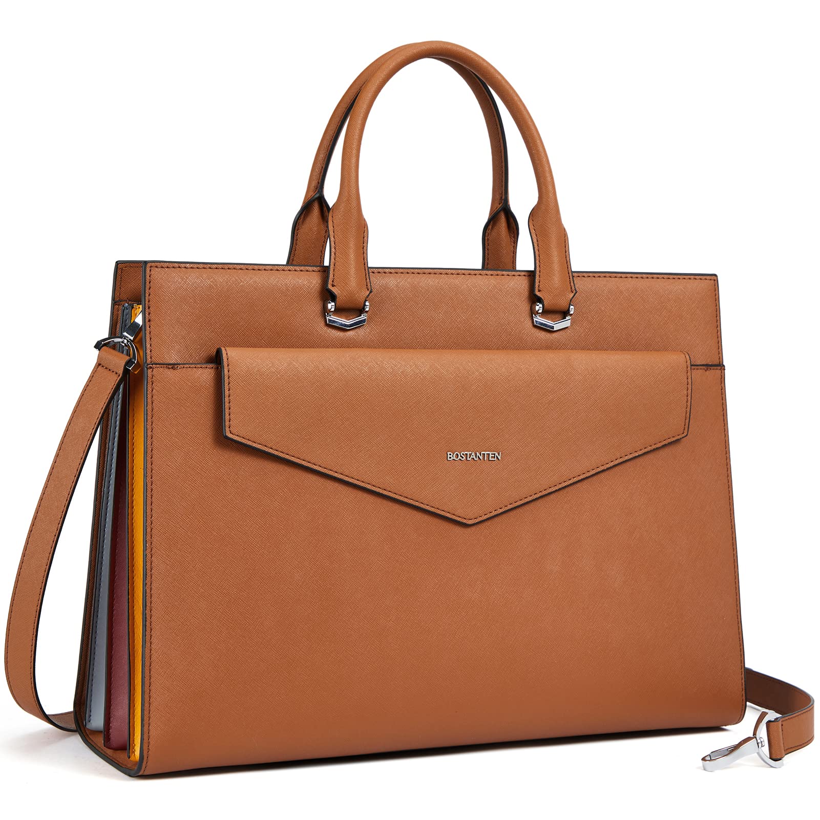 BOSTANTEN Women's 15.6 Inch Genuine Leather Laptop Tote Bag - Stylish Work Briefcase & Professional Office Handbag in Beige | Perfect for Business Meetings, Commuting, and Daily Office Use