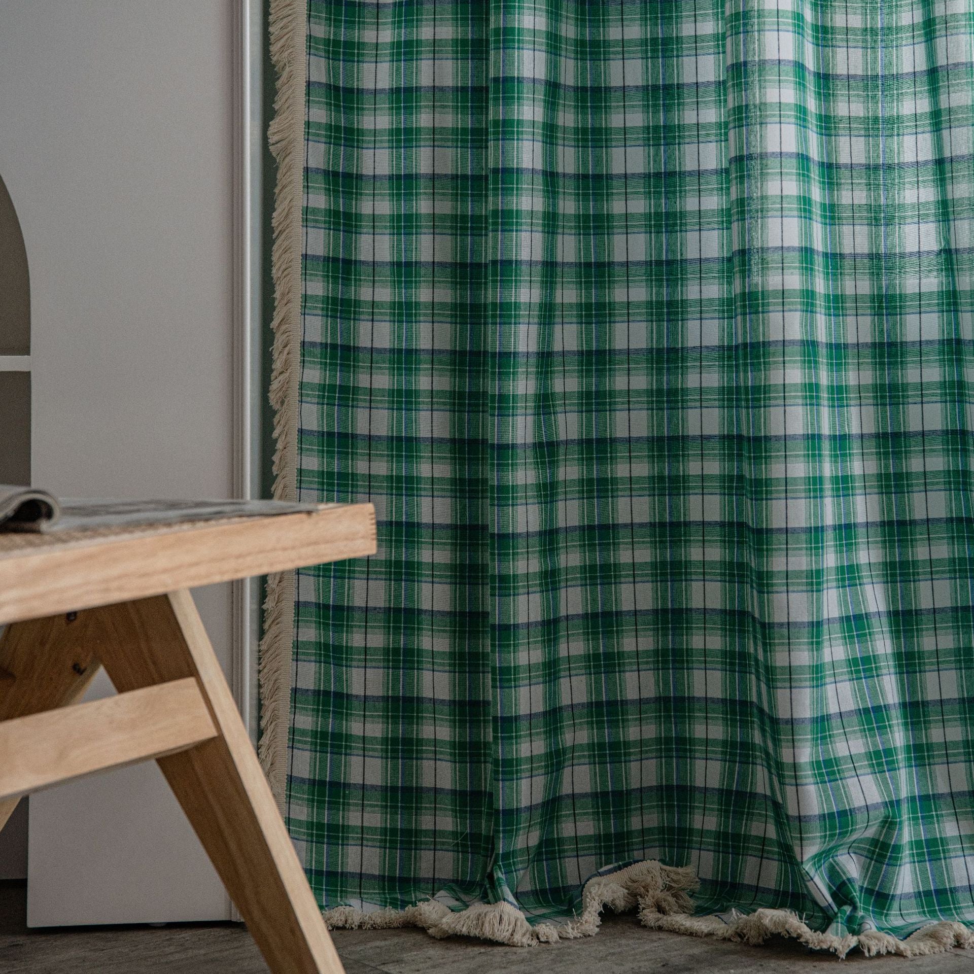 Mina Green Gingham Plaid Light Filtering Custom Curtains with Tassels - Perfect for Living Room, Bedroom & Nursery Window Treatments