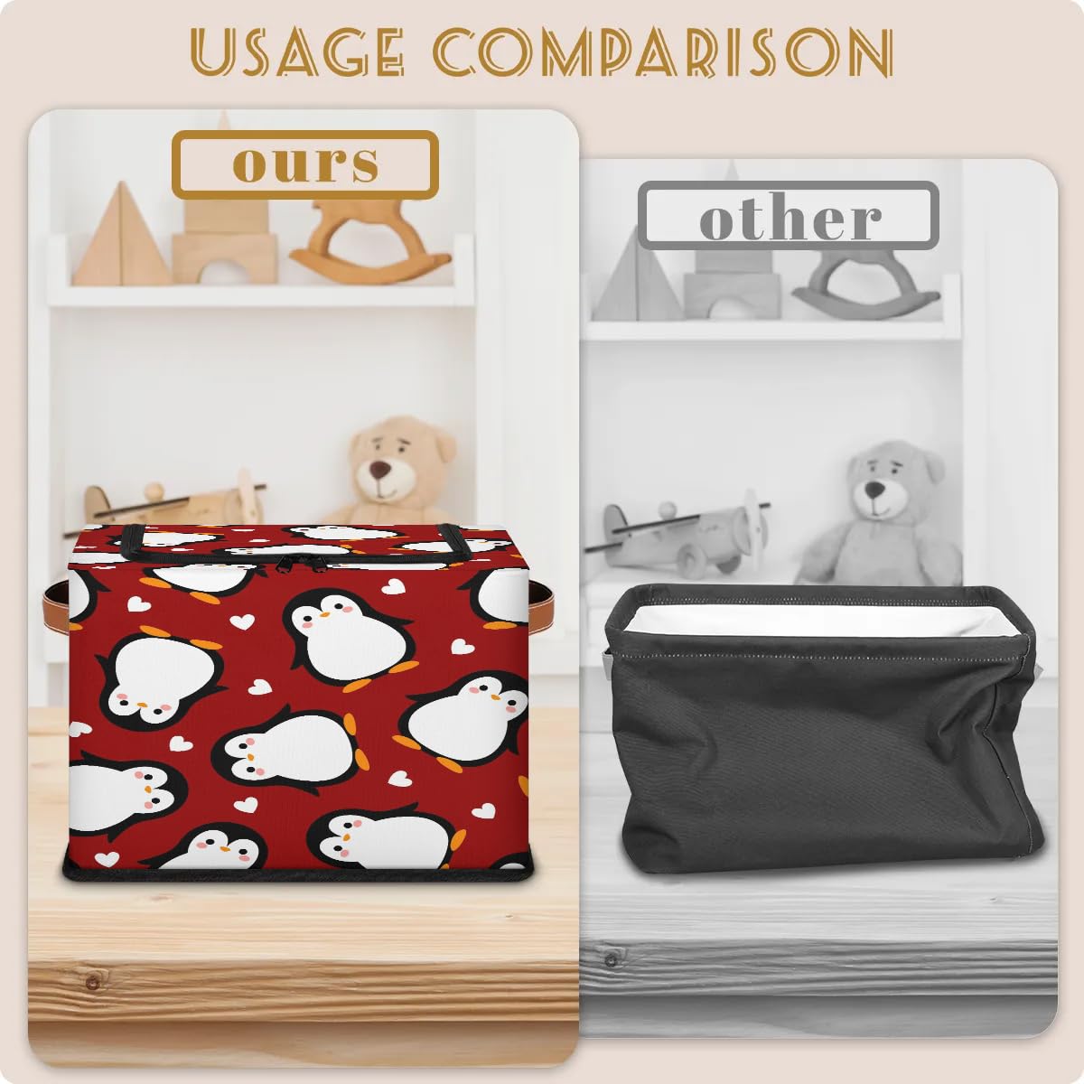 Cute Penguin Heart Cartoon Storage Bins with Zipper Lid - Foldable Fabric Storage Baskets for Clothes, Blankets & Toys - Collapsible Storage Box with Handles for Closet, Nursery & Home Organization