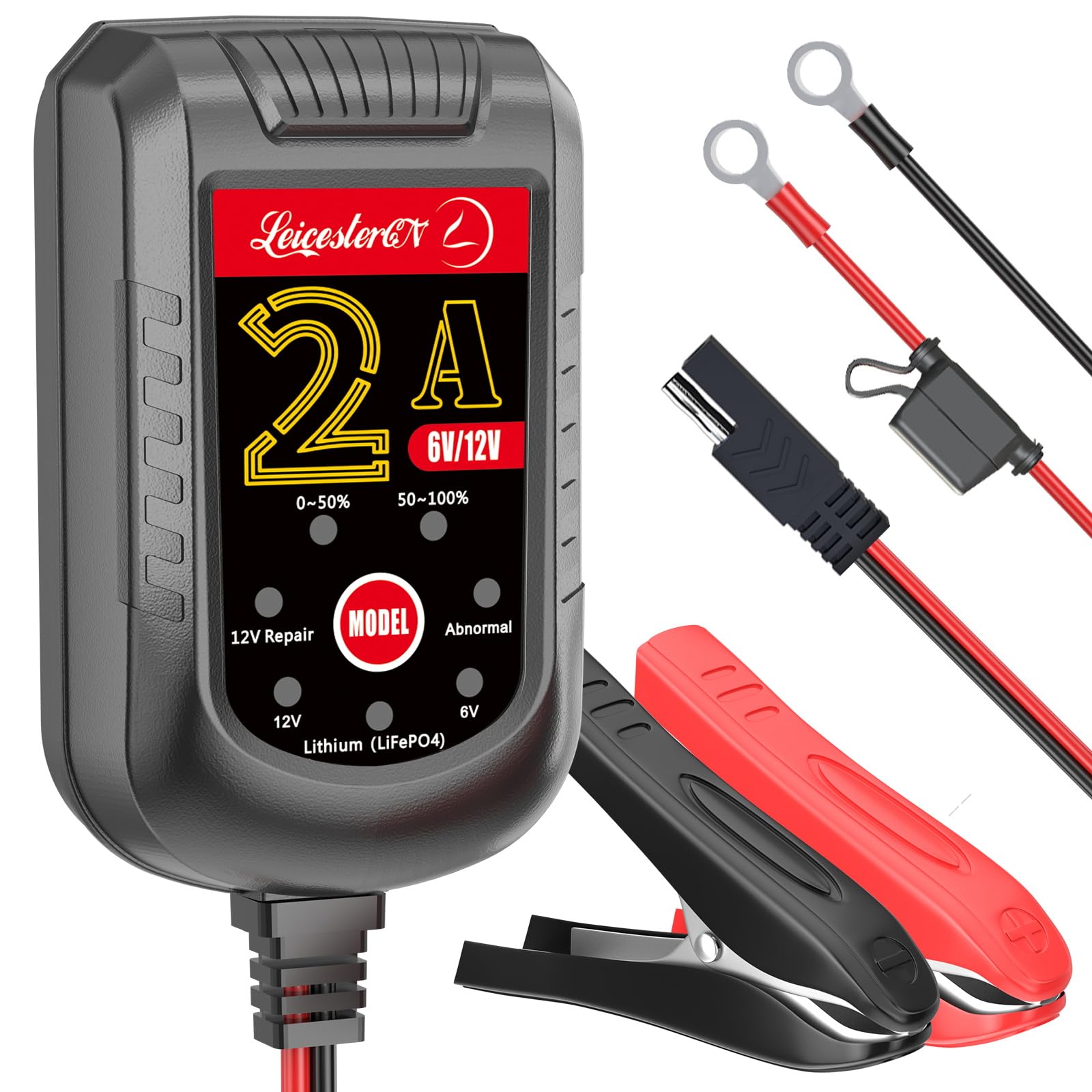 2A Smart Car Battery Charger 12V/6V - Automatic Battery Maintainer, Trickle Charger & Desulfator for Motorcycle, Boat, Lawn Mower - Supports Lithium (LiFePO4) & Lead-Acid Batteries - Perfect for Winter Storage & Seasonal Vehicle Maintenance (1 Pack)