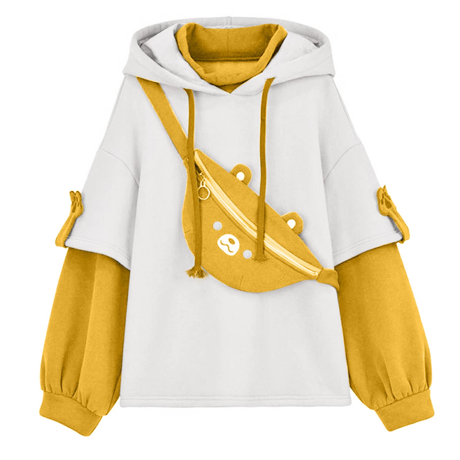 Women's Bear Hoodie Tunic Sweater - Cute Patchwork Long Sleeve Pullover with Personality Bag | Cozy Autumn Fashion for Casual Outings, Date Nights & Weekend Comfort