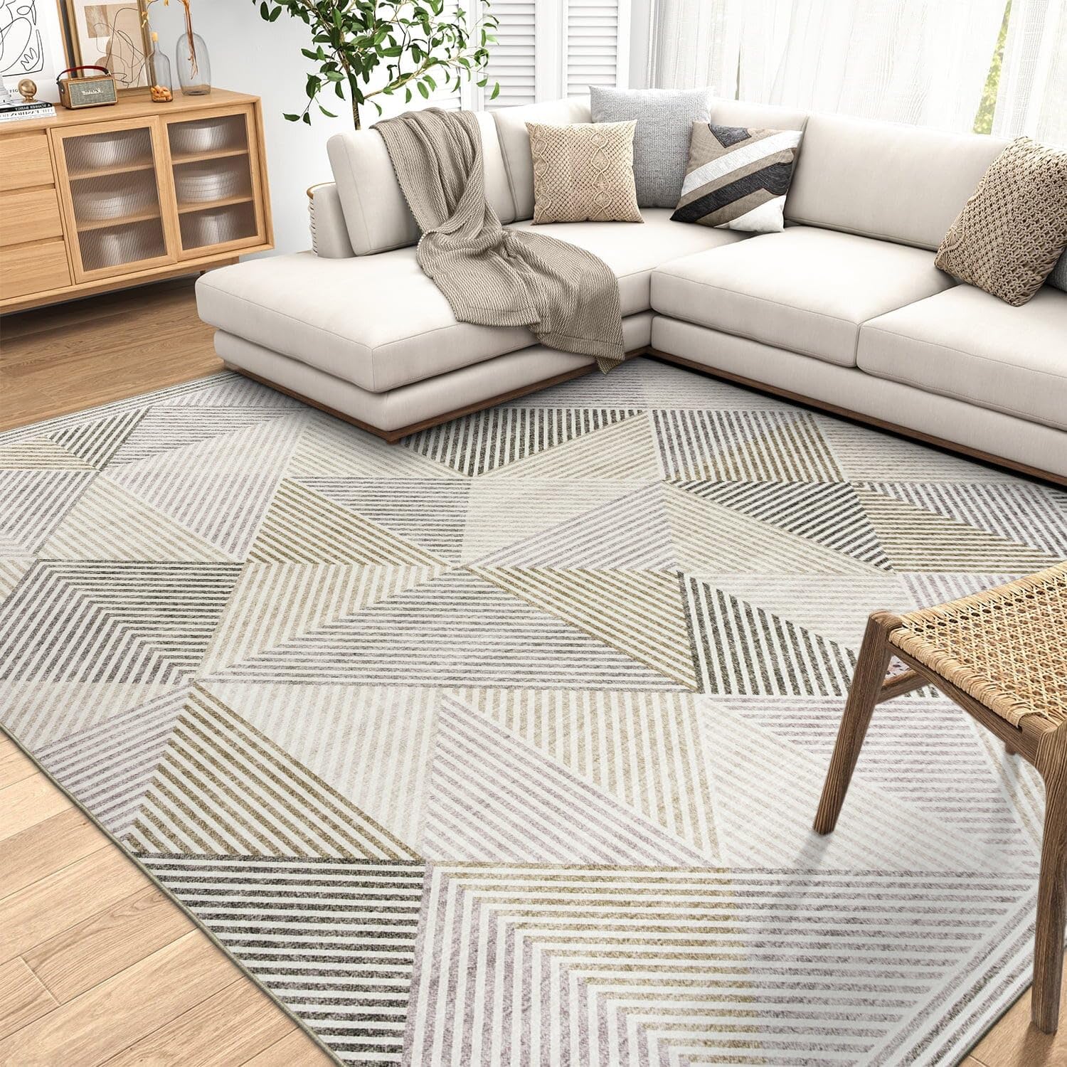 Machine Washable Area Rug - Stain Resistant Low Pile Modern Geometric Rug for Living Room, Bedroom, Office - Soft Padded Non-Slip Contemporary Design - Perfect for High Traffic Areas & Pet-Friendly Homes - Miles Collection Beige 7'6