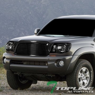 Black Crystal Clear Headlights + Glossy Black Horizontal Front Bumper Grille Guard ABS Compatible with 2005-2011 Toyota Tacoma - Upgrade Your Truck's Style & Protection for Off-Road Adventures