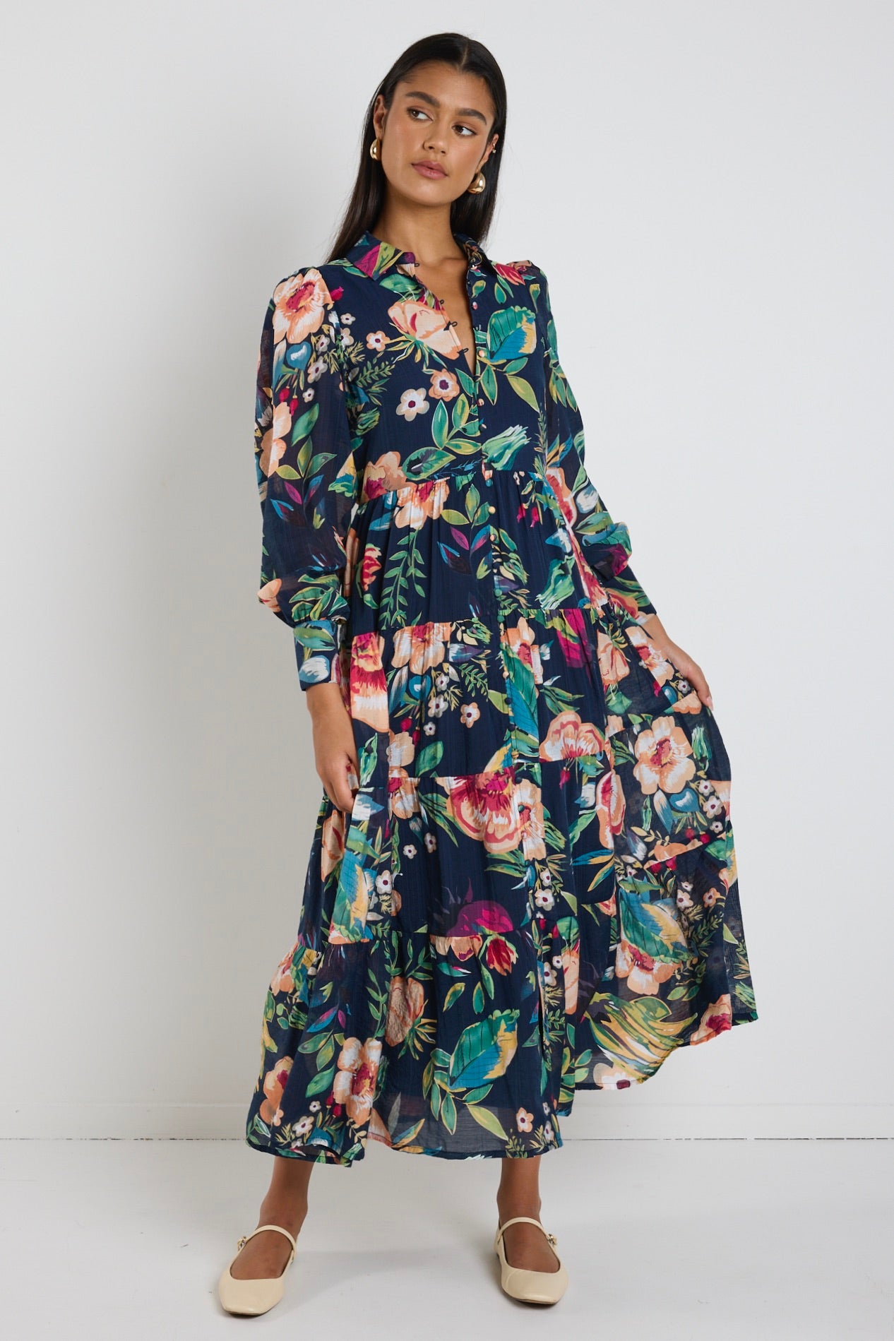Adair Navy Vibrant Floral Long Sleeve Tiered Shirt Style Maxi Dress for Women | Elegant Boho Chic Midi Dress for Wedding Guest, Party & Special Occasions