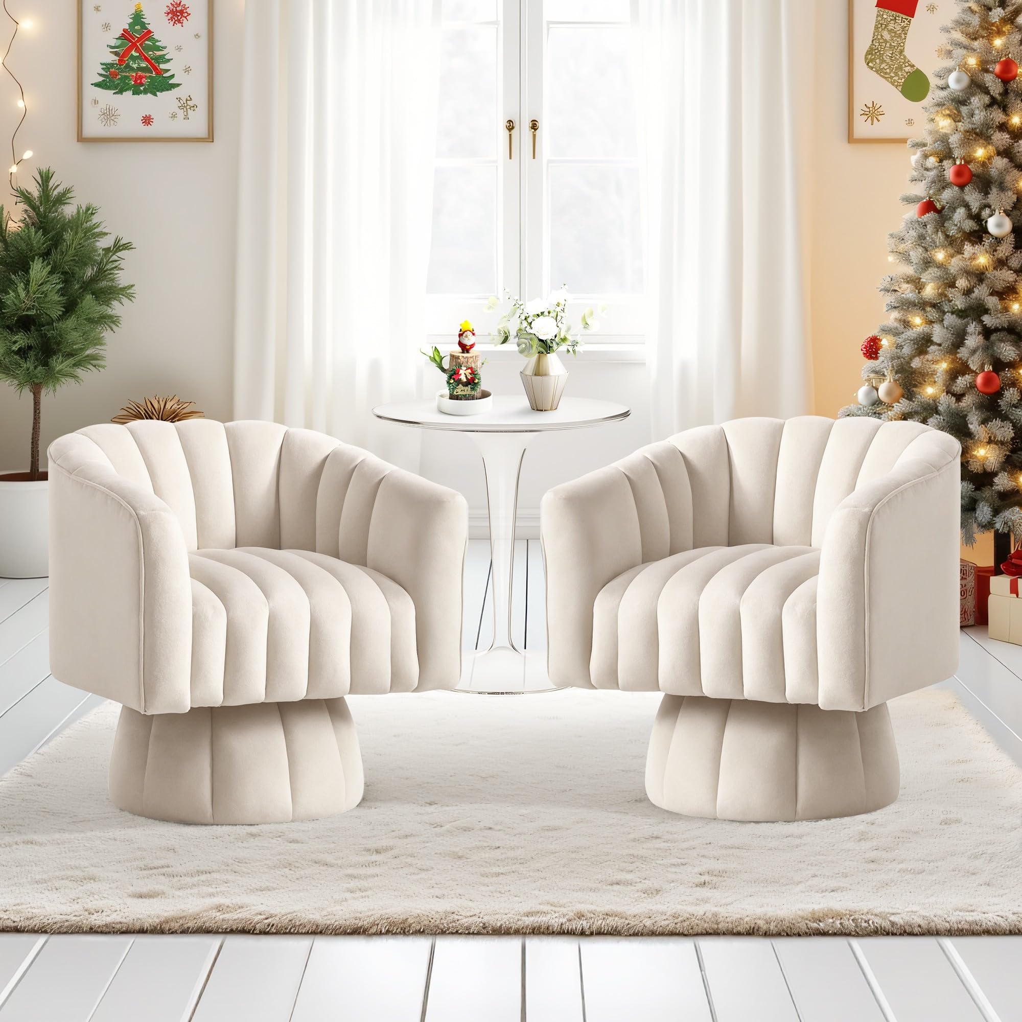 360° Swivel Accent Chair - Modern Velvet Upholstered Barrel Chair with Wide Round Base | Mid-Century Style Lounge Armchair for Living Room, Bedroom & Office | Soft Beige Fabric for Comfortable Seating