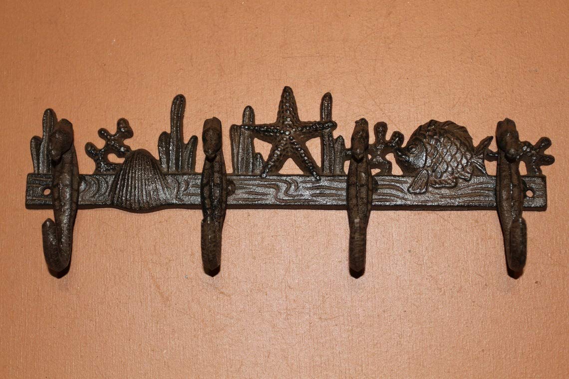 Rustic Coastal Wall Decor - Seahorse Coat Rack & Crab Wall Hooks Set (7-Piece Brown Cast Iron Bundle) for Beach House, Bathroom, or Entryway Organization