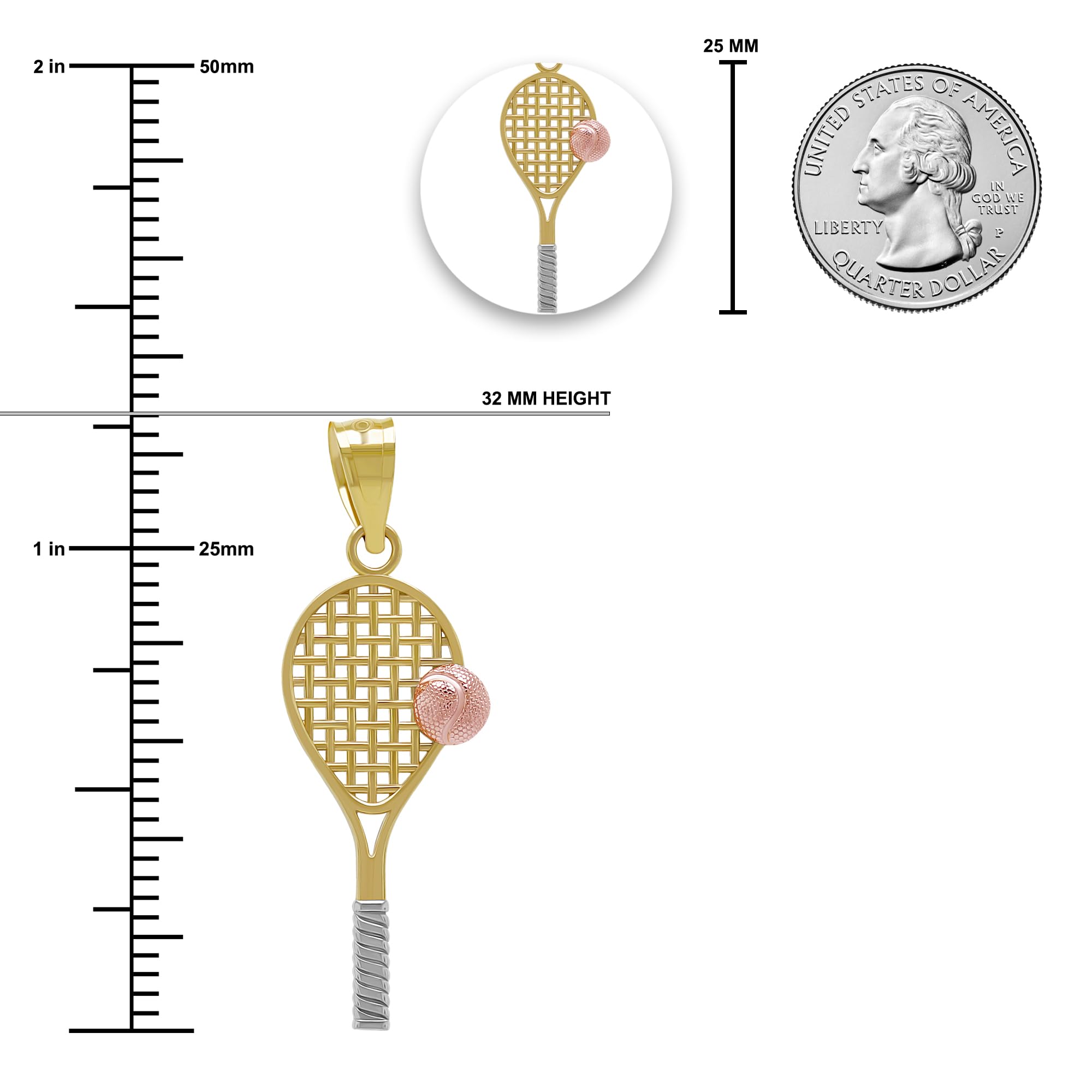 10K Gold Tennis Racquet Charm Pendant - Elegant Sport Jewelry for Women & Men - Perfect Gift for Tennis Lovers, Players & Coaches - Great for Necklaces, Bracelets & Special Occasions