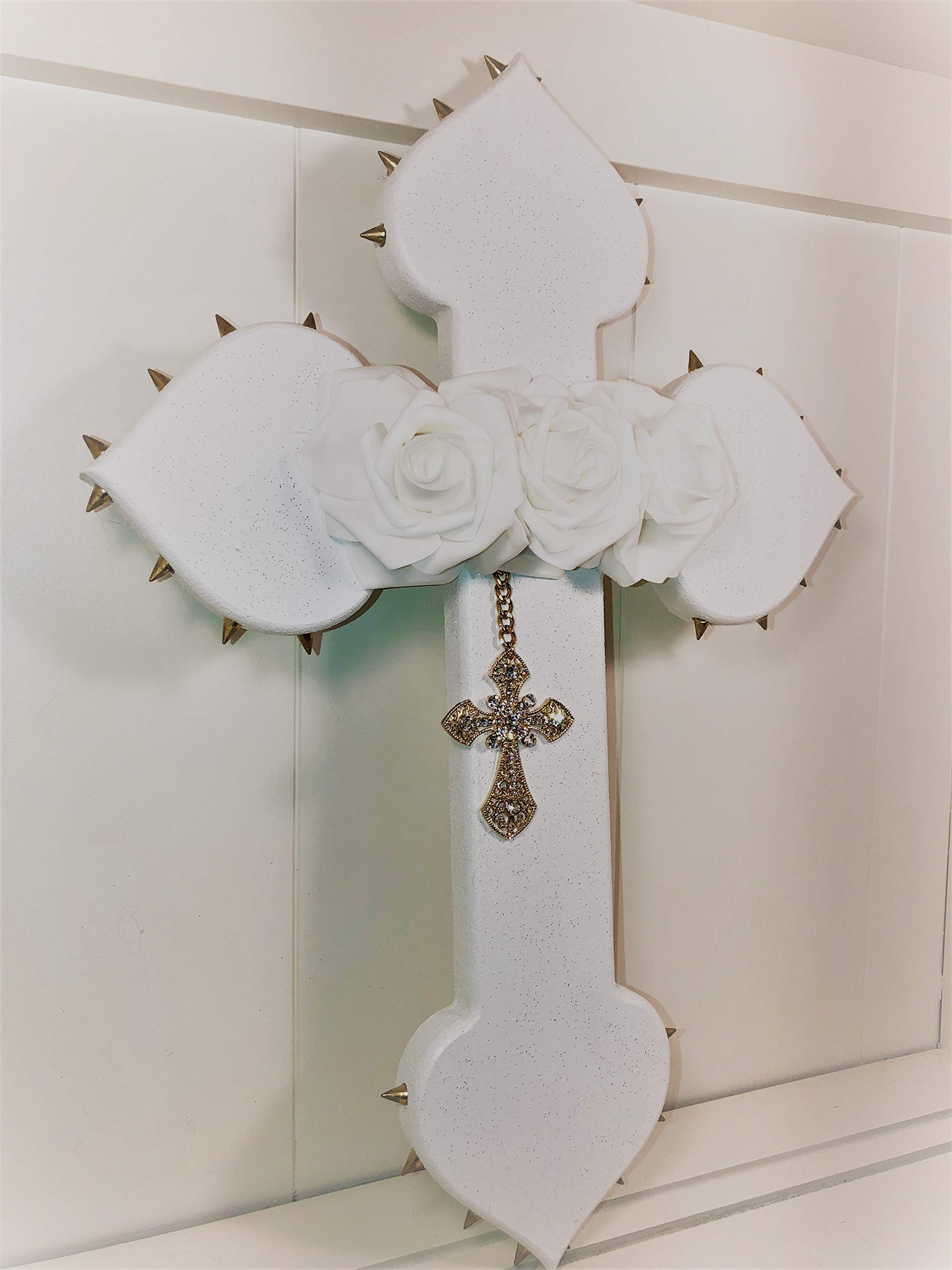 Gold and White Metal Spiked Rose Cross Pendant - Gothic Jewelry for Women, Men - Perfect for Gothic Fashion, Punk Style, and Gift Giving