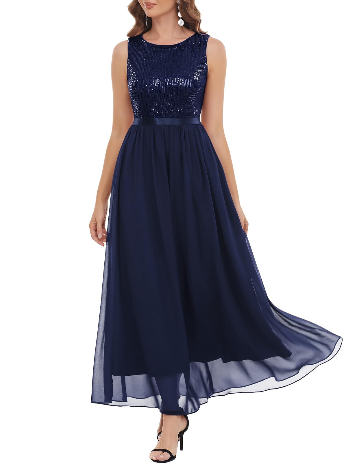 Elegant Glitter Sequins Evening Formal Dress for Wedding Guest & Mother of The Bride | Flowy A-Line Gown for Special Occasions, Prom, Cocktail Parties & Black Tie Events