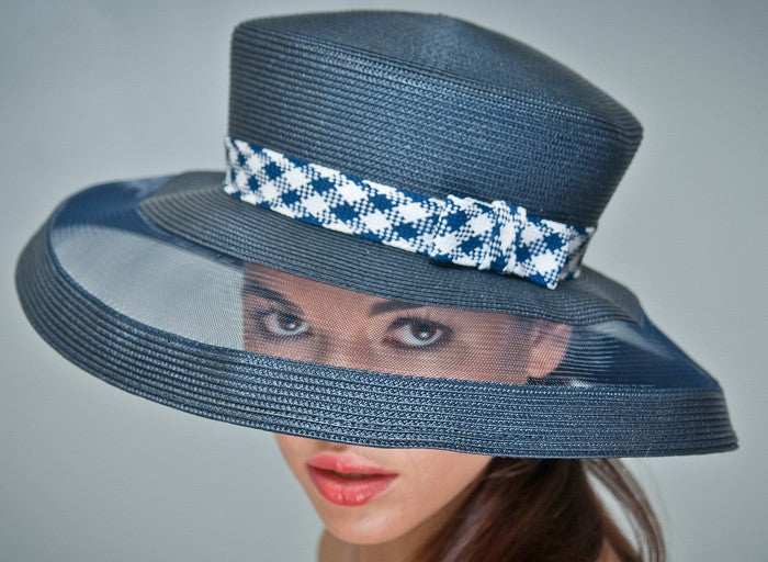 NA1034 Navy Blue and White Straw Hat - Summer Beach Hat for Women, Wide Brim Sun Hat for Outdoor Activities, Vacations, and Gardening