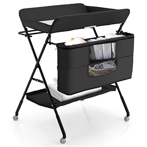 BANIROMAY Portable Baby Changing Table with Wheels - Foldable, Adjustable Height Diaper Station with Storage Rack | Nursery Organizer for Newborns & Infants | Perfect for Home, Travel, and Daycare Use