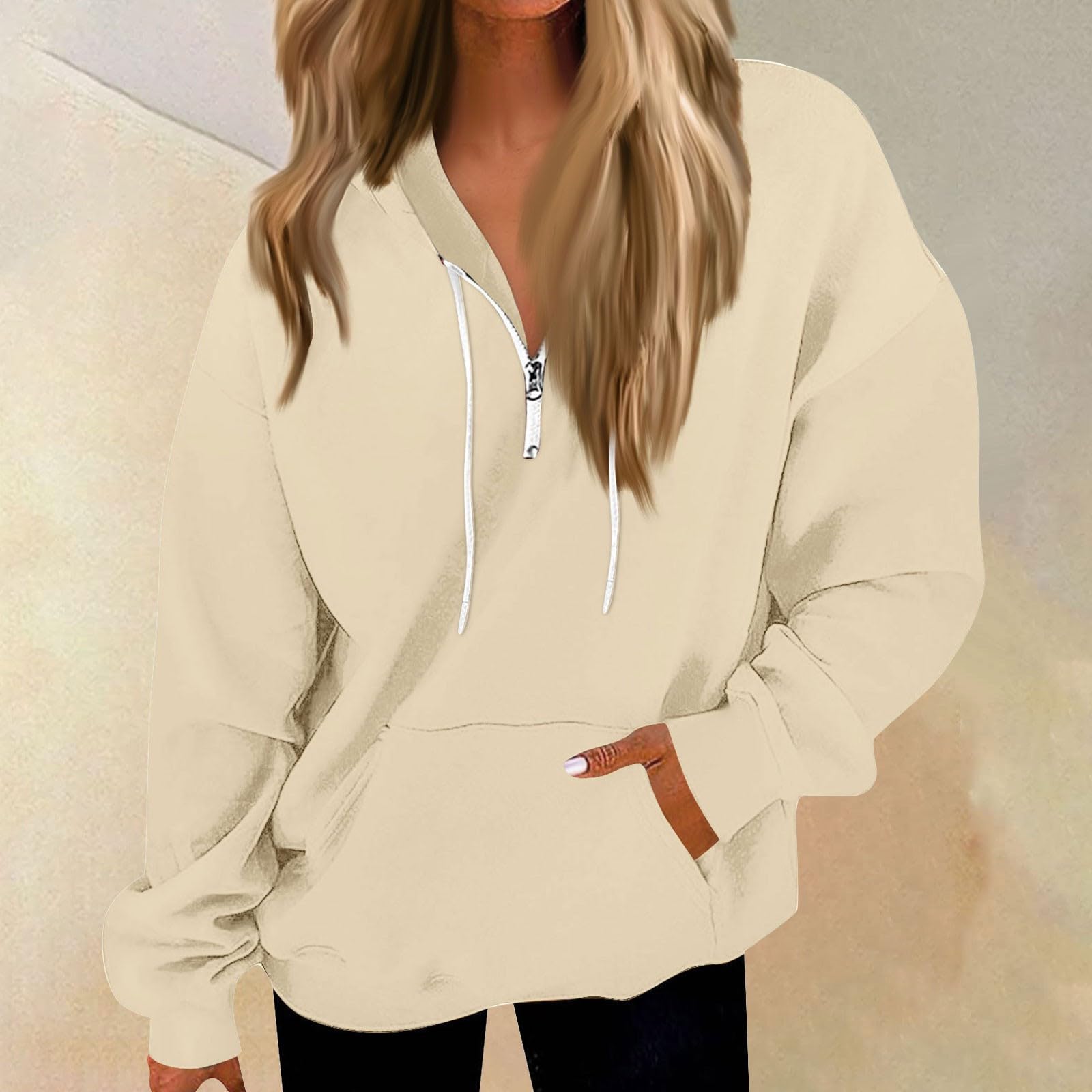 Trendy Women's Oversized Fleece Quarter Zip Pullover Hoodie with Pockets - Cozy Long Sleeve Casual Sweatshirt for Fall & Winter | Perfect for Lounging, Running Errands & Coffee Dates