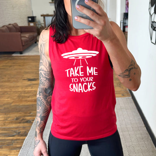 Take Me To Your Snacks Muscle Tank Top - Funny Alien Graphic Tee for Women & Men - Gym Workout & Casual Wear