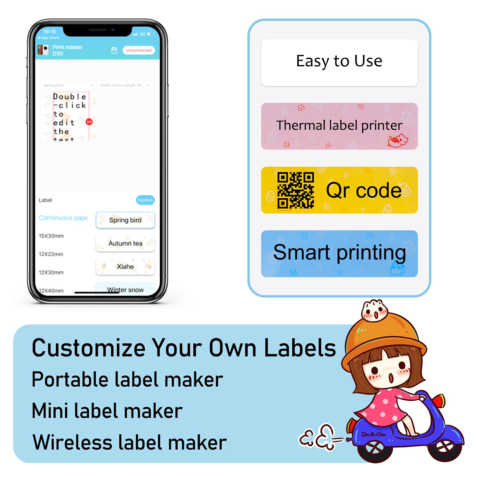 GREENCYCLE D30S 5-Pack Smart Bluetooth Thermal Label Printer - Portable Handheld Label Maker Machine for Shipping, Packaging & Organizing (White) - Wireless Sticker Printer Compatible with Android & iOS - Includes Label Tape for Home, Office & Small Business Use