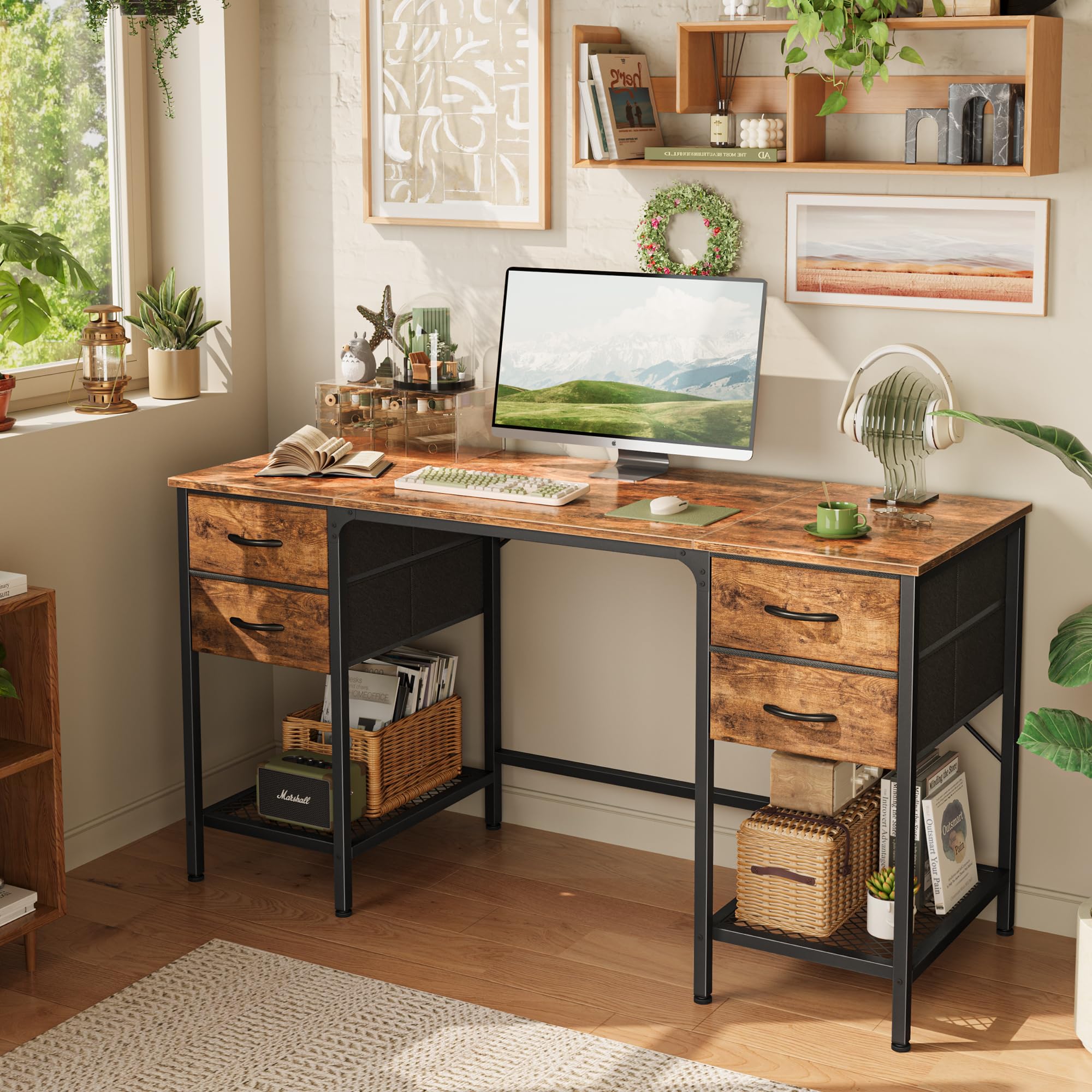 Huuger 55 Inch Computer Desk with 4 Drawers & Mesh Shelf - Large Rustic Brown Office Desk for Home, Gaming, Study & Work from Home - Perfect for Small Spaces & Bedroom Workspaces