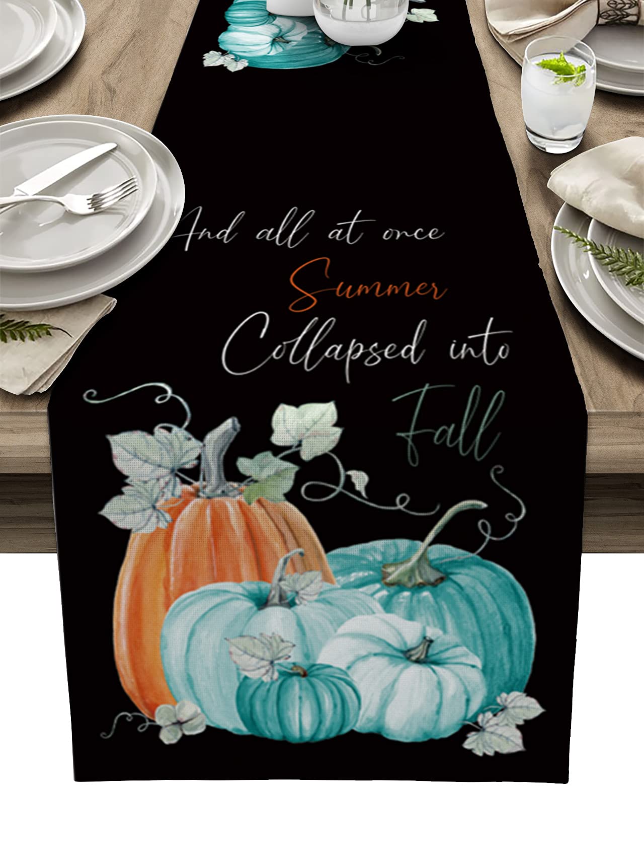 108 Inch Fall Thanksgiving Pumpkin Burlap Linen Table Runner - Farmhouse Kitchen Dining Decor for Coffee Table, Wedding, Banquet & Party | Autumn Aqua Pumpkin Black Home Decoration | Perfect for Harvest Season, Holiday Gatherings & Farmhouse Style Dining