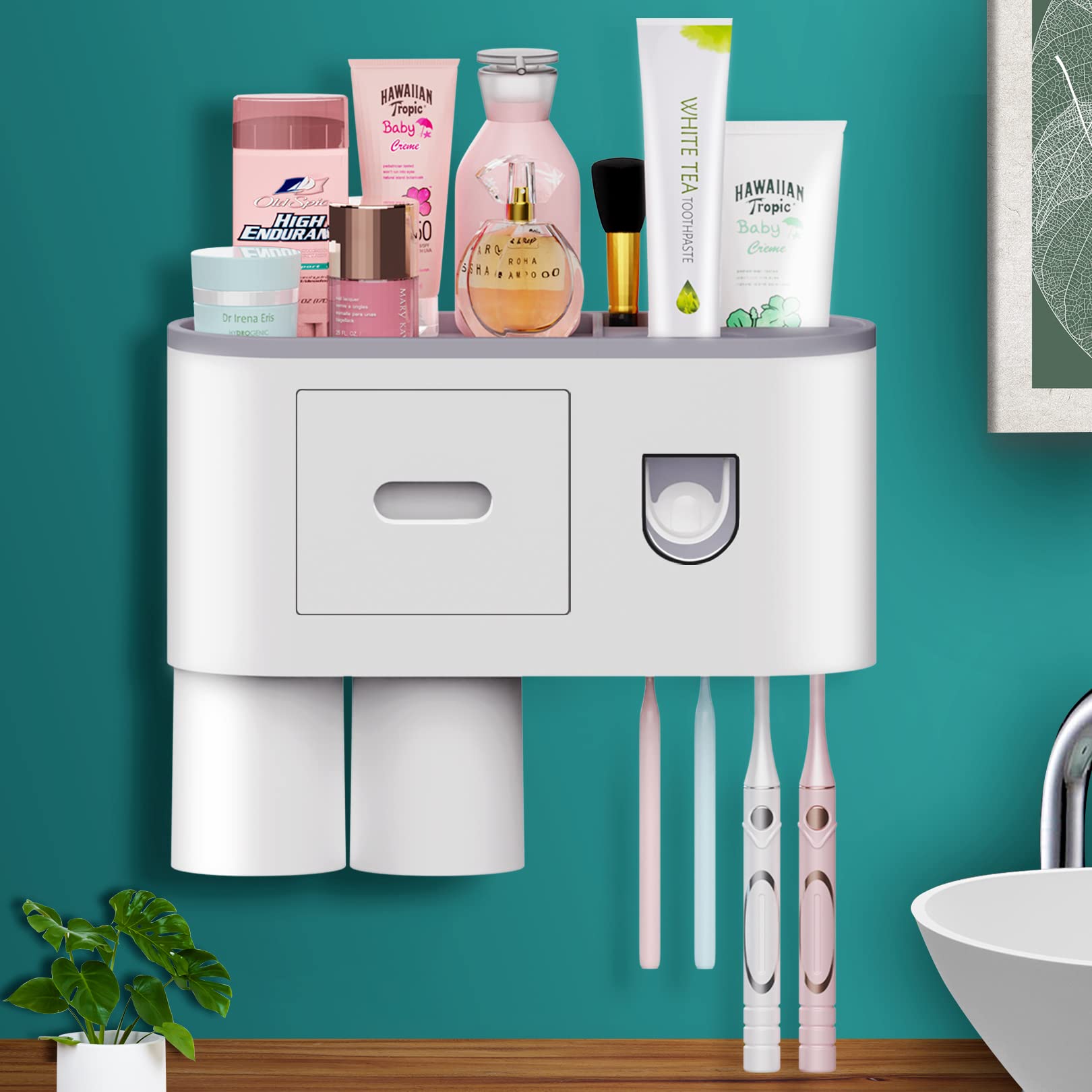 Automatic Toothpaste Dispenser Wall Mounted with Toothbrush Holder - 4 Slot Organizer with Cover & 2 Magnetic Cups - Multi-Functional Bathroom Storage for Family, Kids, Travel - Perfect for Countertop, Vanity, RV, Dorm Organization